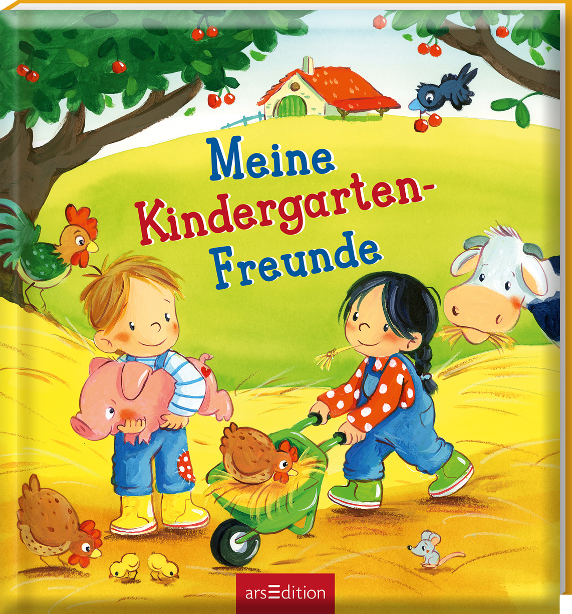 Das Buchcover zeigt eine fröhliche, ländliche Szene mit zwei Kindern, einem Jungen mit blonden Haaren, der ein Schweinchen hält, und einem Mädchen mit dunklen Haaren, das eine Schubkarre schiebt. Der Hintergrund ist hellgelb mit grünen Wiesen und einem roten Bauernhaus. Umgeben von Tieren wie einem Huhn und einer Kuh, vermittelt das Bild eine warme, kindliche Atmosphäre. Der Titel „Meine Kindergarten-Freunde“ ist in blauer Schrift und roten Lettern platziert. Ganz unten mittig steht...