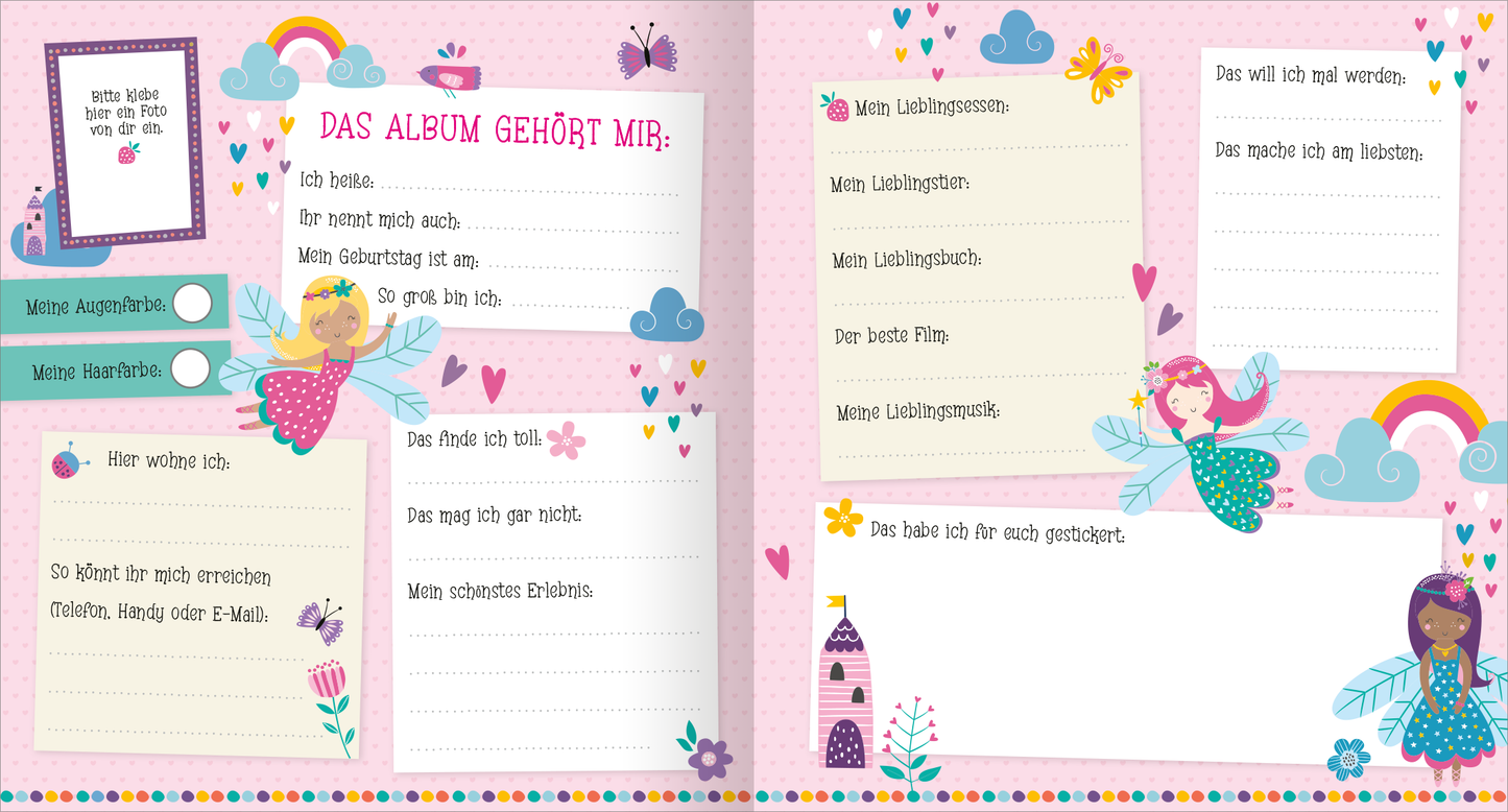Gezeigt wird eine Innenansicht von „Alle meine Freunde – Feen | Mit über 300 Stickern“. Die Doppelseite ist in sanften Rosa- und Pastelltönen gehalten und zeigt verspielte Illustrationen von Feen, Blumen und Herzen. Auf der linken Seite befindet sich ein Feld mit der Aufschrift „DAS ALBUM GEHÖRT MIR“ in pinker Schrift. Auf beiden Seiten gibt es weitere linierte Textfelder mit Fragen zur eigenen Person, wie „Meine Augenfarbe“, „Mein Lieblingsessen“ und „Das will ich mal...