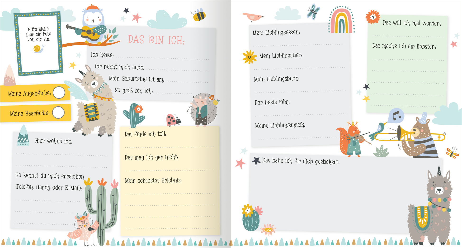 Gezeigt wird eine Innenansicht von „Alle meine Freunde – Feen | Mit über 300 Stickern“. Die Seite enthält einen hellen Hintergrund mit Illustrationen von Alpakas, musizierende Eulen, einem Igel und weiteren Tieren. Die Gestaltung wird noch mit Wolken, Kakteen und Sternen ergänzt. Auf der linken Seite befindet sich ein Feld mit der Aufschrift „DAS BIN ICH“ in rosafarbener Schrift. Auf beiden Seiten sind weitere linierte, farbige Textfelder mit Fragen zur eigenen Person wie „Meine...