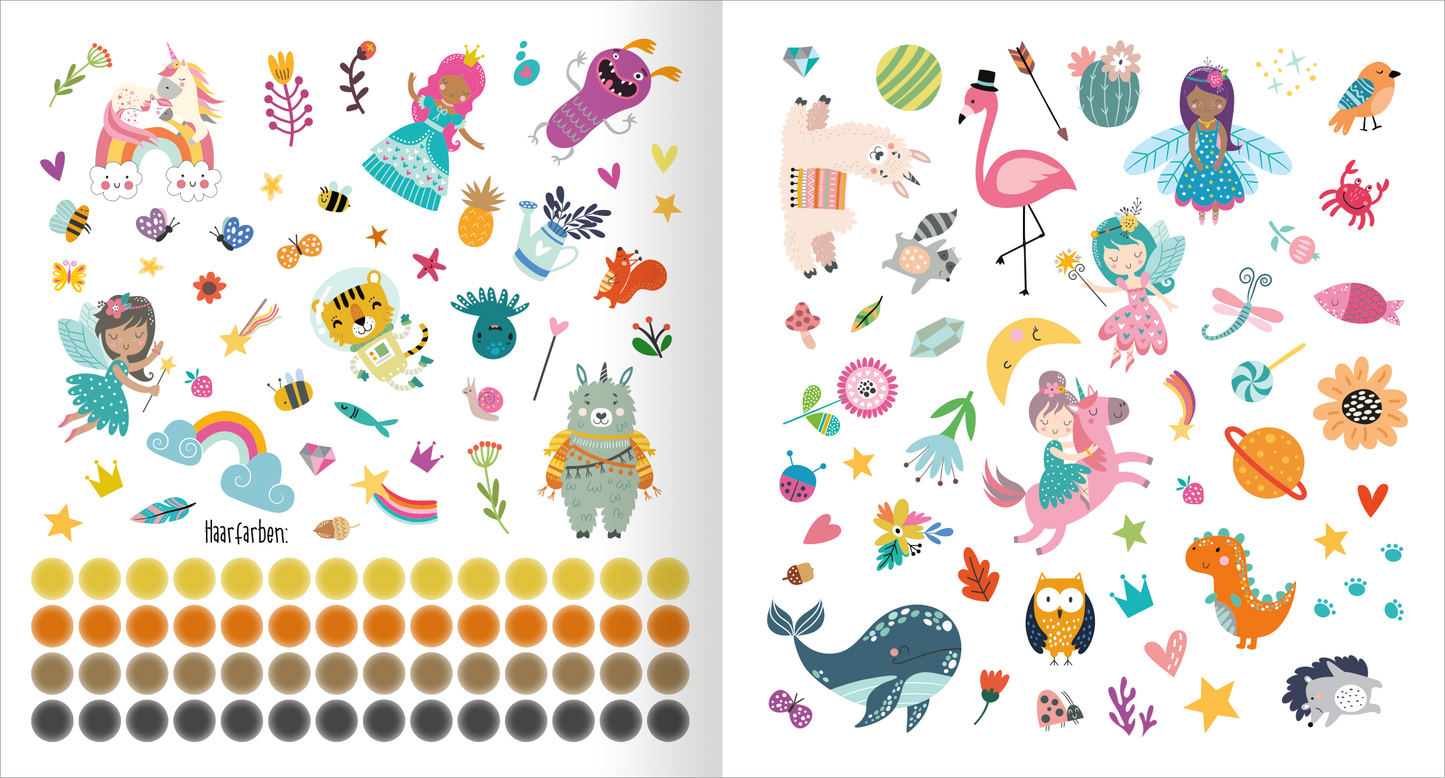 Gezeigt wird eine Innenansicht von „Alle meine Freunde – Feen | Mit über 300 Stickern“. Die Seite präsentiert eine bunte Auswahl von Stickern, darunter märchenhafte Figuren wie Feen, Tiere und fantastische Elemente. Die Farben sind vielfältig und leuchtend, darunter Pastelltöne und kräftige Akzente. Auf der linken unteren Hälfte sind außerdem noch kleine, kreisförmige Sticker in vier Reihen angeordnet. Diese stellen vier verschiedene Haarfarben dar.