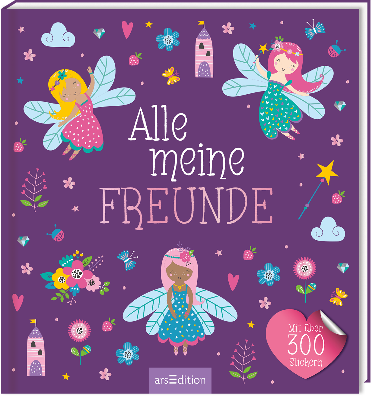 Das Buchcover zeigt auf lila Hintergrund drei fröhliche Feen mit bunten Kleidern und zarten Flügeln, die um den Titel „Alle meine FREUNDE“ in verspielter Schrift tanzen. Um sie herum sind zahlreiche bunte Blumen, kleine Herzen und schillernde Sterne abgebildet, die eine lebendige und fröhliche Atmosphäre erzeugen. In der unteren rechten Ecke befindet sich ein runder Hinweis in Herzform mit dem Text „Mit über 300 Stickern“. Ganz unten mittig steht der Logoschriftzug von arsEdition.