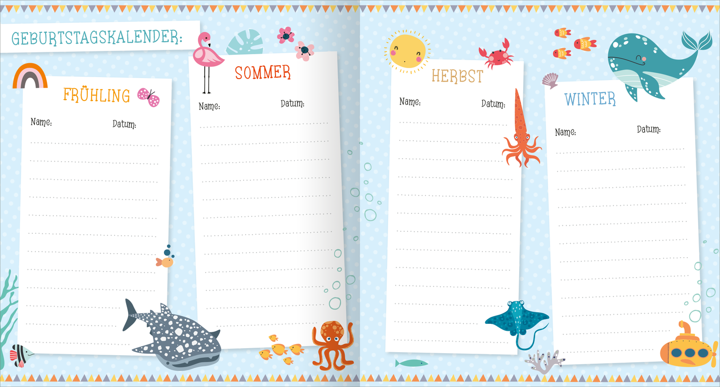 Gezeigt wird eine Innen- oder Zusatzansicht von „Alle meine Freunde – Meer | Mit über 300 Stickern“. Die Seite präsentiert einen Geburtstagskalender, unterteilt in die vier Jahreszeiten: Frühling, Sommer, Herbst und Winter. Jede Sektion ist durch bunte Illustrationen von Meereslebewesen, wie Fischen, Tintenfischen und einem Wal, verziert. Die Hintergründe sind hellblau mit einem Muster aus kleinen Punkten. Die Typografie ist freundlich und leicht lesbar, mit großen, bunten...