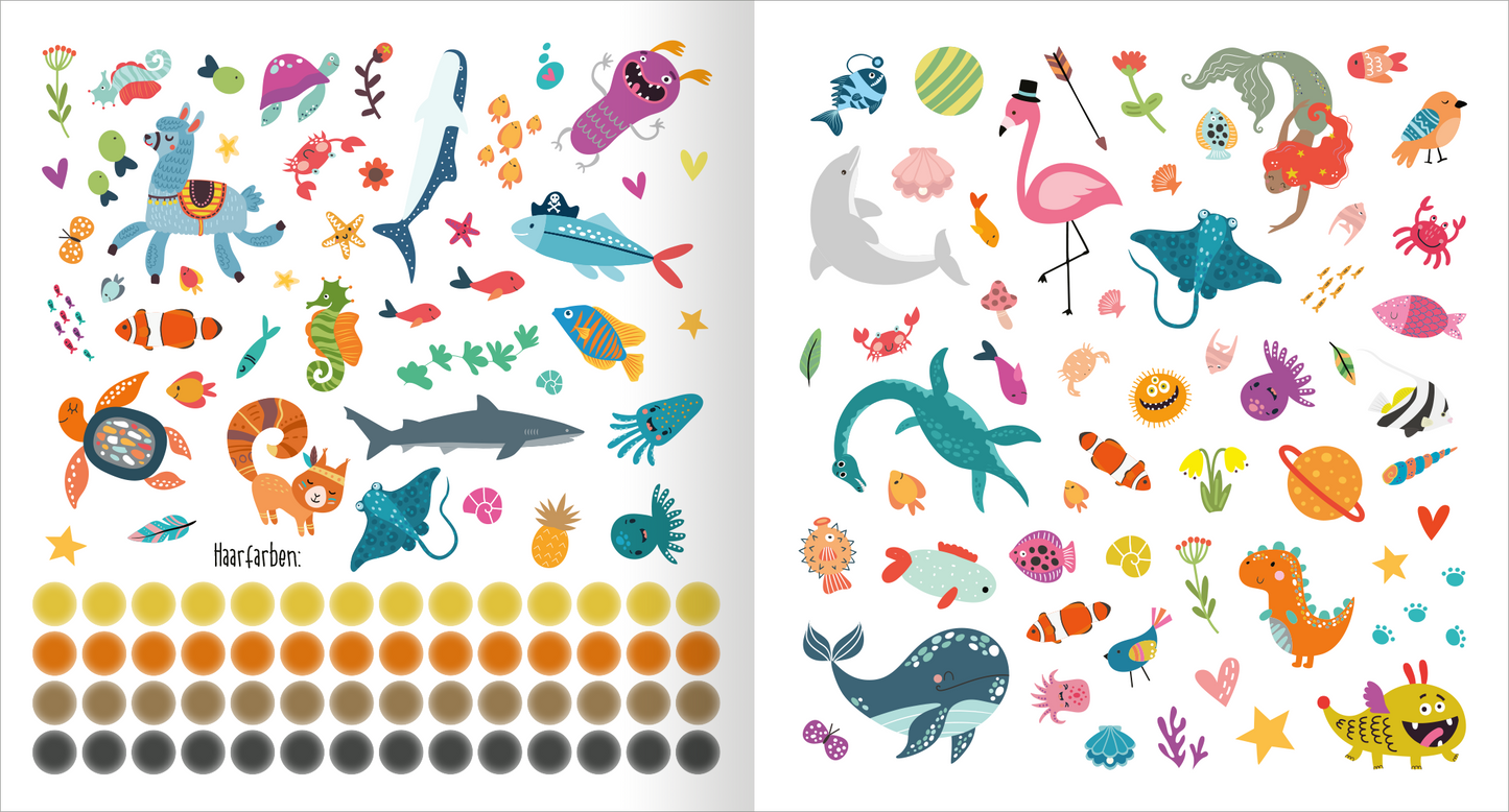 Gezeigt wird eine Innen- oder Zusatzansicht von „Alle meine Freunde – Meer | Mit über 300 Stickern“. Die Seite zeigt eine bunte Auswahl an Stickern mit maritimen Motiven wie Fischen, Seepferdchen und einem Flamingo. Die Illustrationen sind in lebhaften Farben gehalten, darunter Blau, Pink, Orange und Grün. Am unteren Rand sind runde Farbtöne in Braun- und Grautönen angeordnet. Die Typografie ist verspielt und kindgerecht, ergänzt durch kleine Details wie Herzchen und Pflanzen.