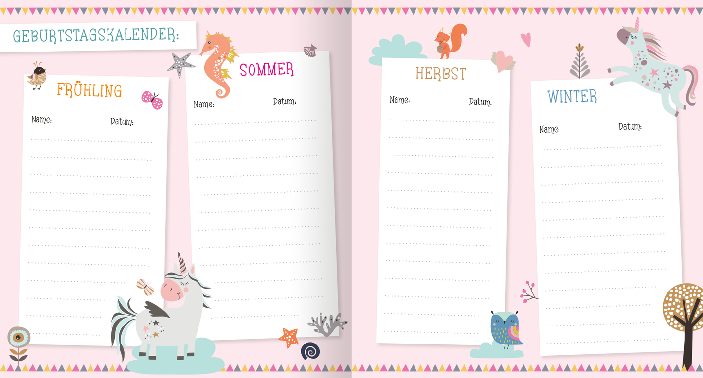 Gezeigt wird eine Innenansicht von „Alle meine Freunde – Einhorn | Mit über 300 Stickern“. Die Seite zeigt einen Geburtstagkalender, unterteilt in die vier Jahreszeiten Frühling, Sommer, Herbst und Winter. Jede Sektion ist mit bunten Illustrationen, wie einem Einhorn, einem Seepferdchen und einem Eichhörnchen, verziert und bietet Platz zum Eintragen von Geburtstagen.