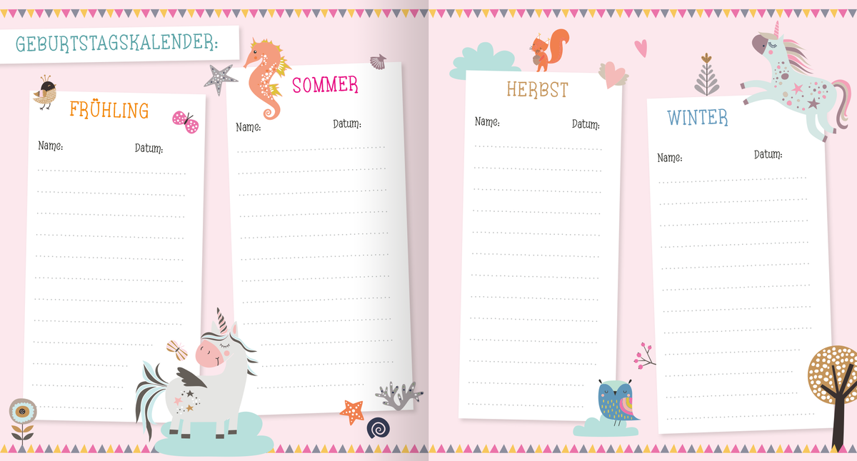 Gezeigt wird eine Innenansicht von „Alle meine Freunde – Einhorn | Mit über 300 Stickern“. Die Seite zeigt einen Geburtstagkalender, unterteilt in die vier Jahreszeiten Frühling, Sommer, Herbst und Winter. Jede Sektion ist mit bunten Illustrationen, wie einem Einhorn, einem Seepferdchen und einem Eichhörnchen, verziert und bietet Platz zum Eintragen von Geburtstagen.