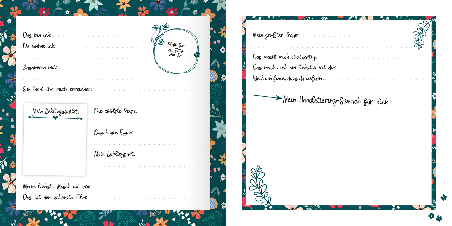 Gezeigt wird eine Innen- oder Zusatzansicht von „Freundebuch Best Friends Forever (Handlettering)“. Die Seiten sind von einem bunten, floral gestalteten Rahmen umgeben. Auf der linken Seite befinden sich mehrere Eingabefelder mit handschriftlicher Typografie, darunter Fragen zu persönlichen Vorlieben. Die rechte Seite präsentiert weitere leere Felder mit blauem Handlettering. Der Hintergrund ist in einem satten Grün gehalten, das die lebhaften Farben der Blumen schmückt.