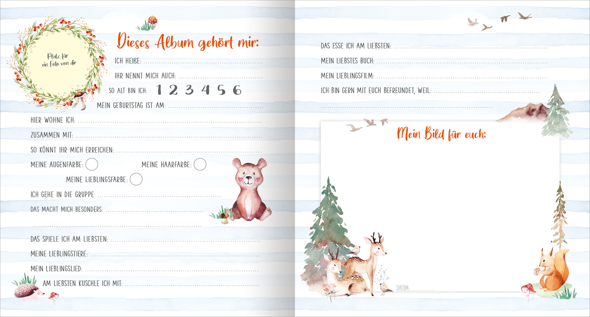 Gezeigt wird eine Innen- oder Zusatzansicht von „Meine ersten Freunde – Waldtiere (Aquarell-Optik)“. Die Seite zeigt ein fröhliches und verspieltes Layout mit sanften Pastellfarben, insbesondere Blau und Rosa. Im oberen Bereich sind die Worte „Dieses Album gehört mir:“ in einer warmen Schriftart hervorgehoben. Links sind leere Felder für persönliche Angaben, umgeben von niedlichen Illustrationen von Waldtieren wie einem Bären und einem Reh. Rechts findet sich ein leerer Bereich...