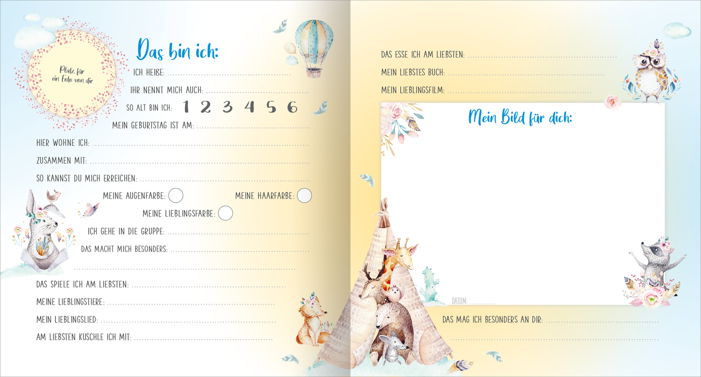 Gezeigt wird eine Innen- oder Zusatzansicht von „Meine ersten Freunde – Waldtiere (Aquarell-Optik)“. Die Seite ist sanft in Pastellfarben gestaltet, mit einem hellen, gelben und blauen Farbverlauf im Hintergrund. Wunderschöne Aquarell-Illustrationen von verschiedenen Waldtieren, wie einem Erdmännchen und einer Eule, zieren die Ecken. Der Text ist in freundlicher, verspielter Schrift gehalten, mit Überschriften in blauer Schrift und Linien für persönliche Angaben wie Name und...