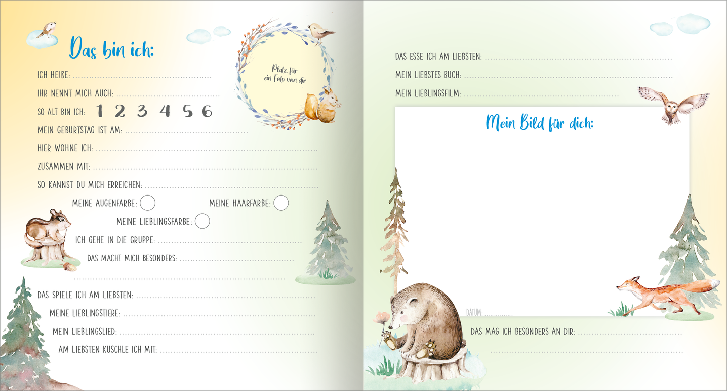 Gezeigt wird eine Innen- oder Zusatzansicht von „Meine ersten Freunde – Waldtiere (Aquarell-Optik)“. Die Seiten sind in sanften Pastellfarben gehalten, mit Illustrationen von niedlichen Waldtieren wie einem Dachs und Vögeln. Der Text ist in klarer, gut lesbarer Typografie gestaltet, wobei wichtige Bereiche durch verspielte Glückwunschrahmen und Überschriften hervorgehoben werden. Neben Platz für persönliche Informationen gibt es auch eine leere Fläche zum Zeichnen oder Schreiben,...