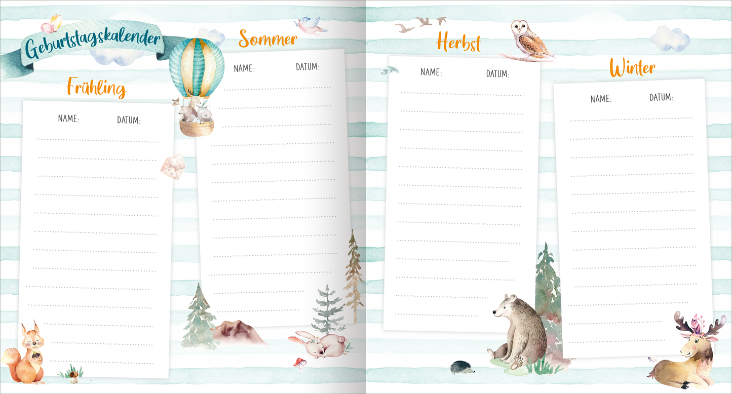 Gezeigt wird eine Innen- oder Zusatzansicht von „Meine ersten Freunde – Waldtiere (Aquarell-Optik)“. Die Seite zeigt einen Geburtstagskalender mit sanften, aquarellierten Tierillustrationen, darunter Füchse, Bären und Vögel. In hellen, pastellfarbenen Tönen sind die Abschnitte für die vier Jahreszeiten klar voneinander abgegrenzt. Die Überschrift „Geburtstagskalender“ ist in einer verspielten Schriftart gehalten, während die jeweiligen Jahreszeiten in bunten, kindgerechten...