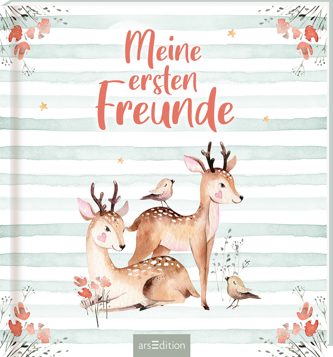 Das Buchcover zeigt zwei niedliche Rehe, die in sanften, aquarellfarbenen Tönen dargestellt sind. Der Hintergrund ist in hellen Streifen in mintgrün und weiß gestaltet, während zarte Blüten und Blätter in Rosé und Beige den oberen Bereich schmücken. Die Schrift für den Titel „Meine ersten Freunde“ ist in einem freundlichen, verspielten Stil gehalten und leuchtet in einem warmen Orangeton. Ganz unten mittig steht der Logoschriftzug von arsEdition.