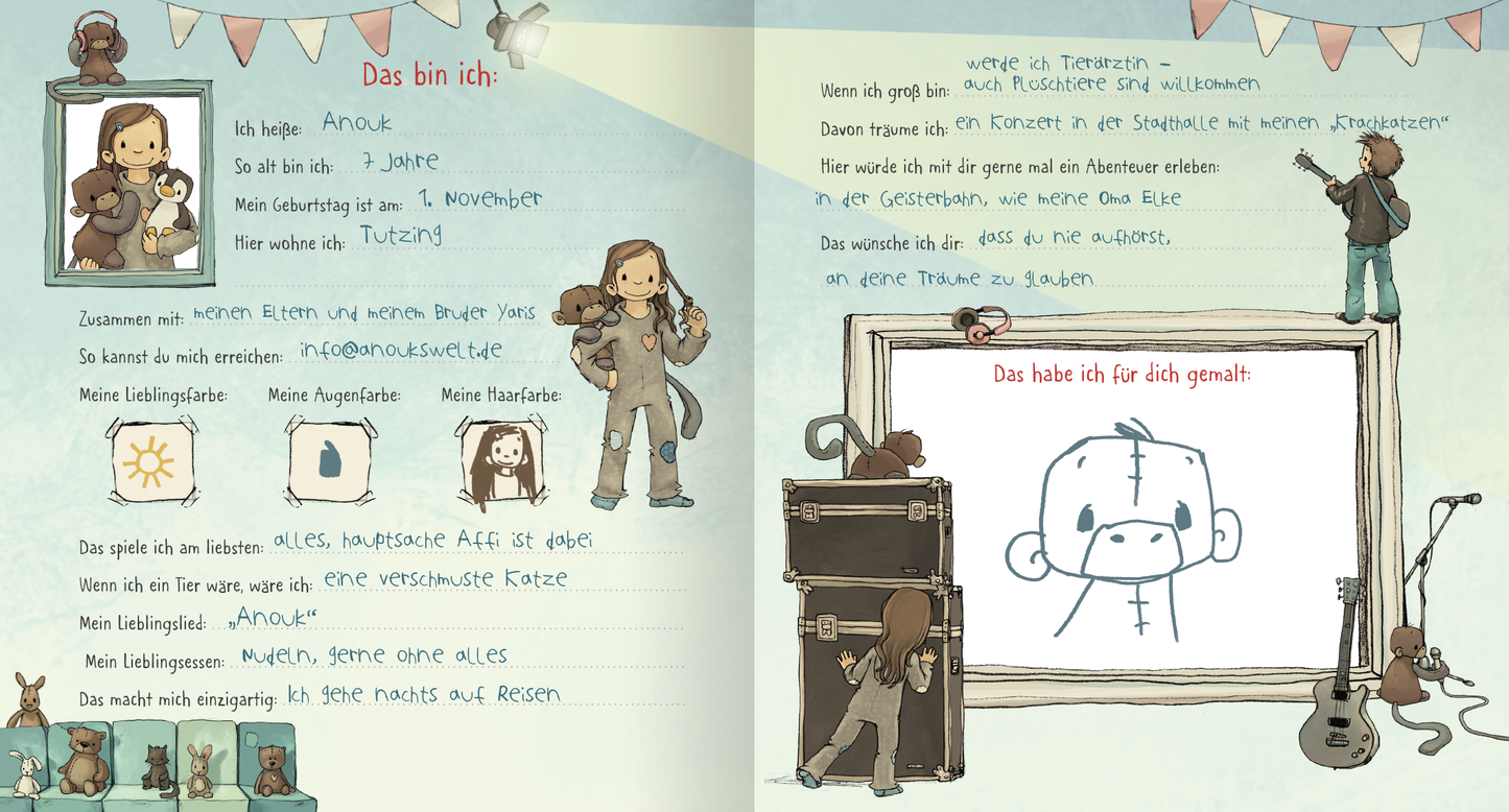 Gezeigt wird eine Innenansicht von „Anouk – Das Freundebuch“. Auf der Doppelseite ist ein fiktiver Freundebucheintrag von Anouk selbst zu sehen. Auf der linken Seite befindet sich die illustrierte Figur des Mädchens Anouk, die ein Kuscheltier hält. Darunter ist Platz für persönliche Angaben wie Name, Alter und Hobbys. Die rechte Seite enthält einen blauen Hintergrund mit einem Rahmen, in dem ein skizziertes Bild eines Affens zu sehen ist. Darüber steht als Überschrift „Das habe...
