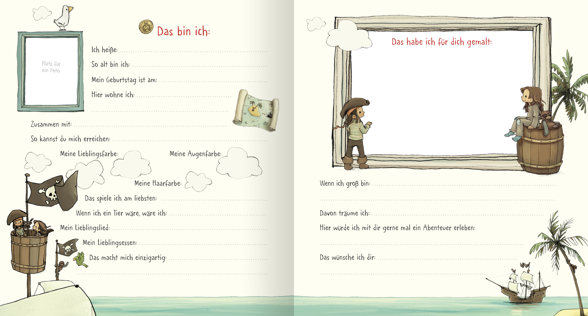 Gezeigt wird eine Innenansicht von „Anouk – Das Freundebuch“. Die Seite ist hell und mit sanften Pastelltönen in Blau und Gelb gefärbt. Links sind strukturierte Felder mit Fragen zu persönlichen Daten und Vorlieben, umgeben von verspielten Illustrationen von Piraten und Wolken. Rechts befindet sich ein großer, gerahmter Bereich mit der Überschrift „Das habe ich für dich gemalt“ in roter Schrift. Die Typografie ist kindgerecht und gut lesbar.