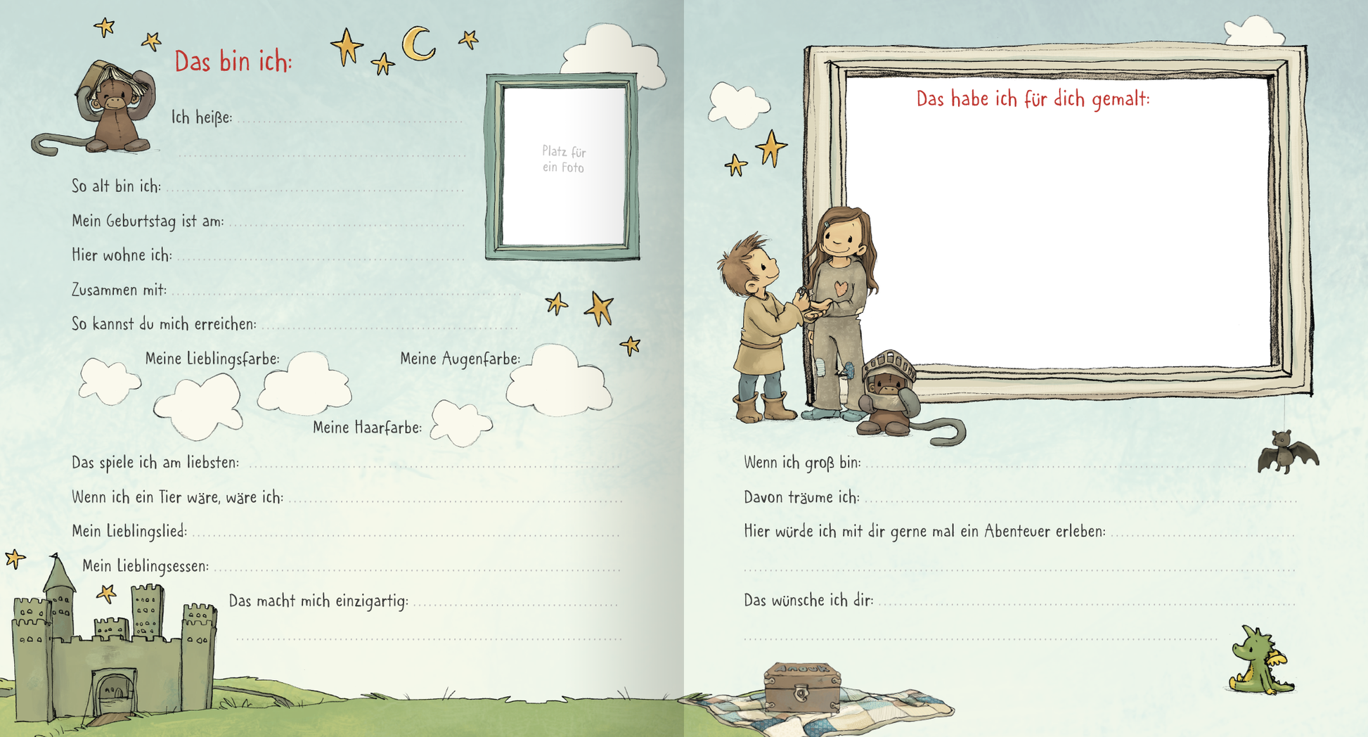 Gezeigt wird eine Innenansicht von „Anouk – Das Freundebuch“. Die Doppelseite zeigt eine sanfte, pastellfarbene Gestaltung mit einem hellblauen Hintergrund und kindlichen Illustrationen. Links ist ein Bereich für persönliche Informationen mit Fragen wie „Das bin ich“ und Linien zum Schreiben. Rechts befindet sich ein großer, gerahmter Bereich mit der Überschrift „Das habe ich für dich gemalt“ in roter Schrift. Kleine, verspielte Elemente wie Sterne, Blumen und eine...