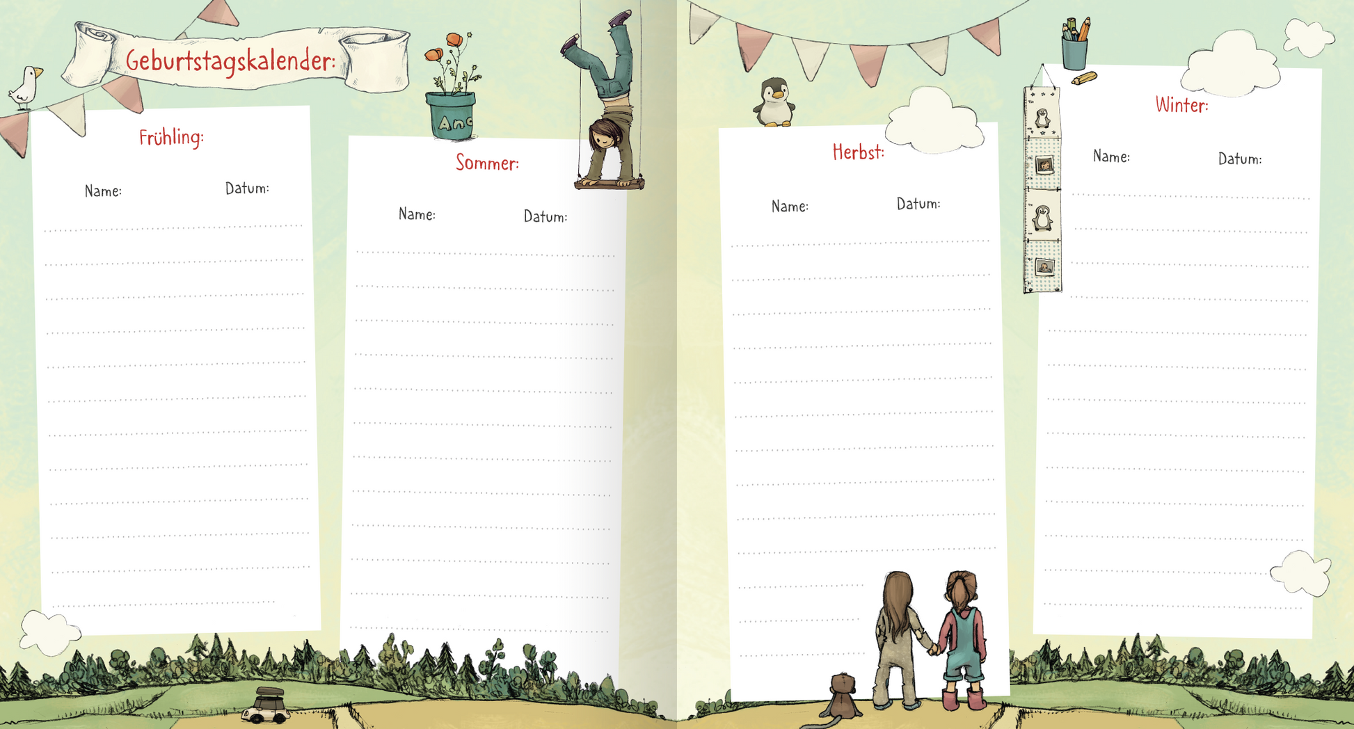 Gezeigt wird eine Innenansicht von „Anouk – Das Freundebuch“. Die Seite ist in sanften Pastellfarben gehalten und zeigt vier Abschnitte für die Jahreszeiten Frühling, Sommer, Herbst und Winter. Jeder Abschnitt ist weiß hinterlegt und enthält Platz zum Eintragen von Namen und Daten, umgeben von Illustrationen wie Bäumen, Wolken, Wimpelketten und Kinder, die sich an den Händen halten. Die Typografie ist leicht lesbar.