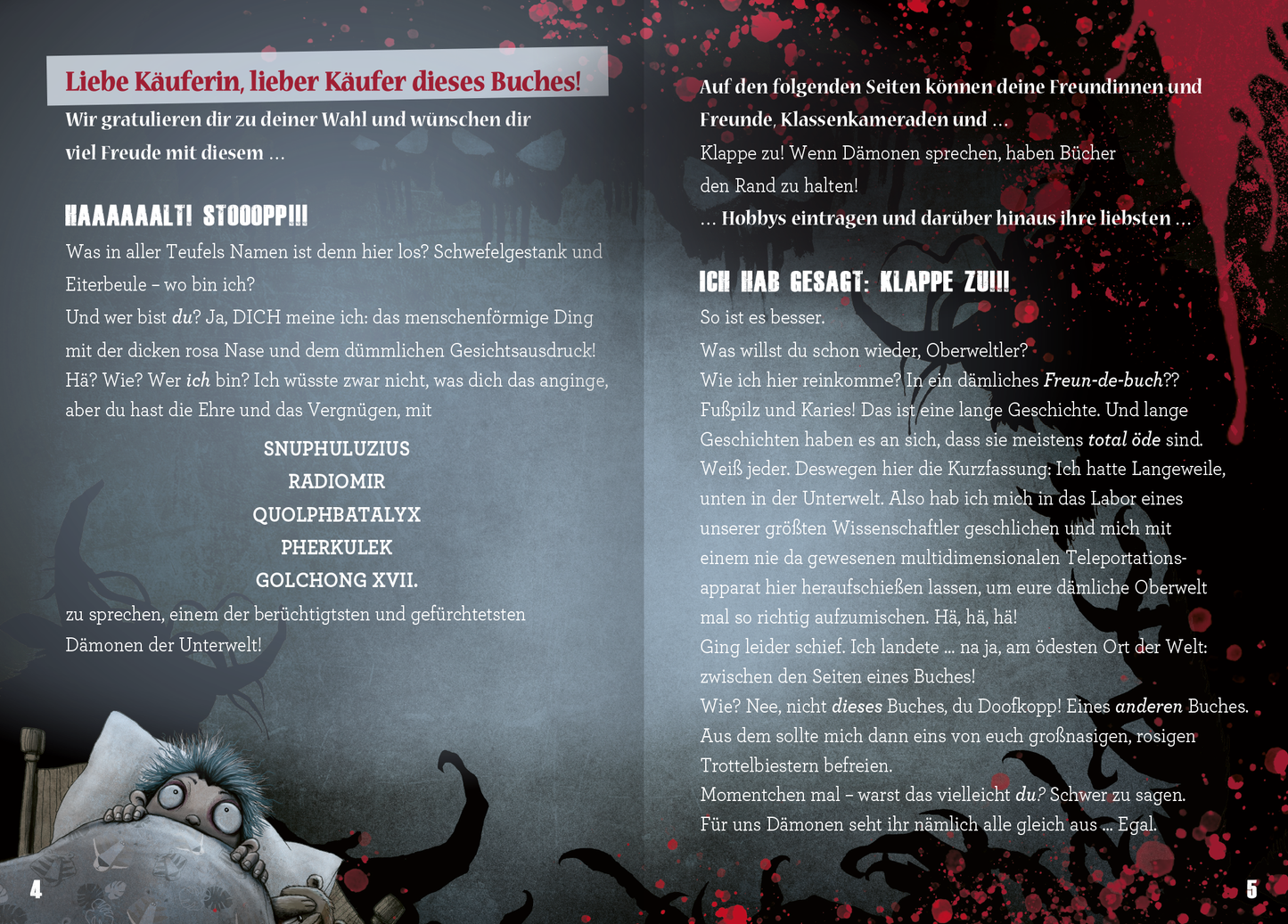 Gezeigt wird eine Innen- oder Zusatzansicht von „Das Freundebuch mit dem Fluch“. Die Seite enthält einen bunten, einladenden Hintergrund mit humorvollen, gruseligen Illustrationen. In klarer, verspielter Typografie sind verschiedene Textabschnitte angeordnet, die den Leser ansprechen. Dominante Farben sind Rot, Schwarz und Weiß, die zusammen eine lebhafte, aber geheimnisvolle Atmosphäre schaffen. Illustrationen von fantastischen Kreaturen ergänzen den Text und fördern die Neugier der...