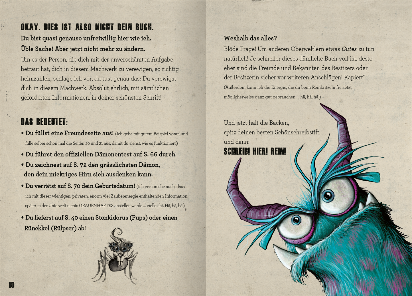 Gezeigt wird eine Innenansicht von „Das Freundebuch mit dem Fluch“. Die Seiten sind in einem warmen Beige gehalten, mit schlichten, klaren Schriftzügen in Schwarz und kräftigen Akzenten. Auf der linken Seite befindet sich eine humorvolle Illustration eines kleinen Monsters mit großen, blauen Augen und lila Hörnern. Der Text ist ansprechend, einige Passagen sind hervorgehoben, um den Lesefluss zu unterstützen. Die Gestaltung ist verspielt und einladend, ideal für die Zielgruppe.