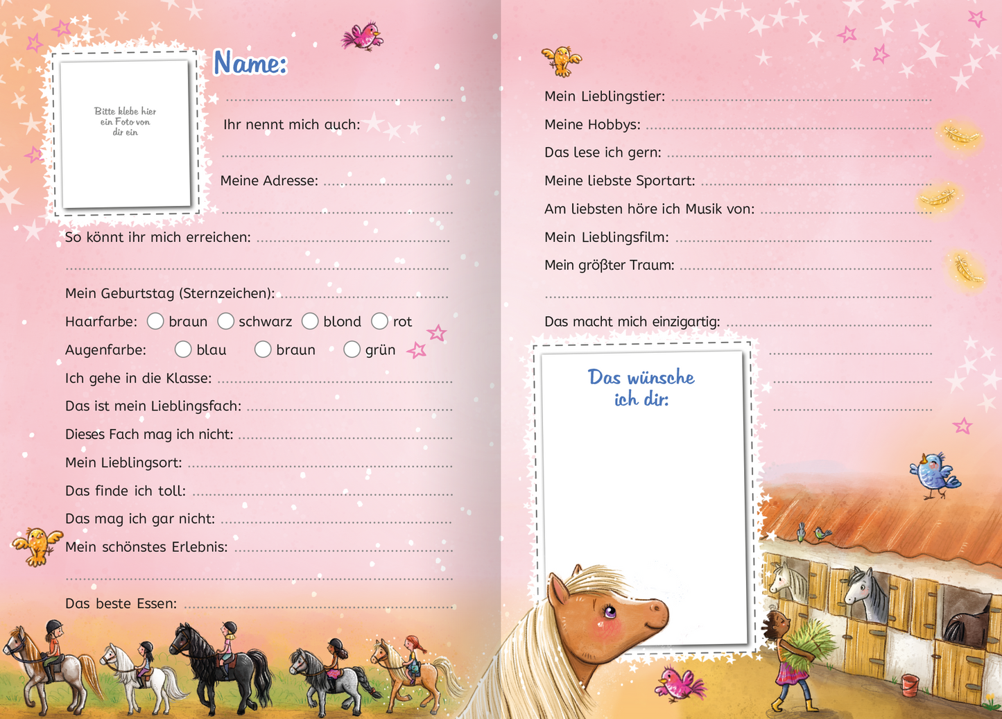 Gezeigt wird eine Innenansicht von „Meine Freunde – Zauberponys“. Die Doppelseite präsentiert ein verspieltes, rosa Hintergrunddesign mit glitzernden Sternen und Schmetterlingen. Links befinden sich freundliche Fragen, die Platz für persönliche Angaben wie Name, Geburtstag und Hobbys bieten, umrahmt von einem zarten, weißen Rahmen. Auf der rechten Seite ist eine Zeichnung von einem Pony und einer Stallansicht zu sehen. Die Schriftart ist kindgerecht und klar, wodurch die Lesbarkeit...