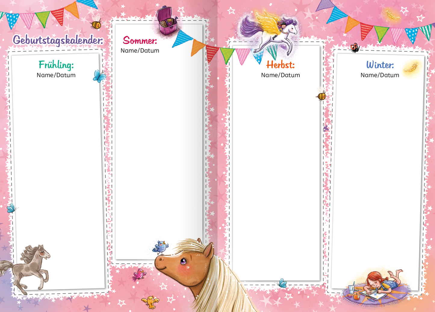 Gezeigt wird eine Innen- oder Zusatzansicht von „Meine Freunde – Zauberponys“. Die Seite zeigt einen Geburtstagskalender auf einem pinken Hintergrund mit bunten, grafischen Elementen wie Wimpel und niedlichen Illustrationen von Ponys. In vier Abschnitten für Frühling, Sommer, Herbst und Winter sind Kästchen für „Name/Datum“ vorgesehen. Die Überschriften sind in verschiedenen, fröhlichen Farben gehalten. Die typografische Gestaltung ist verspielt und kinderfreundlich.
