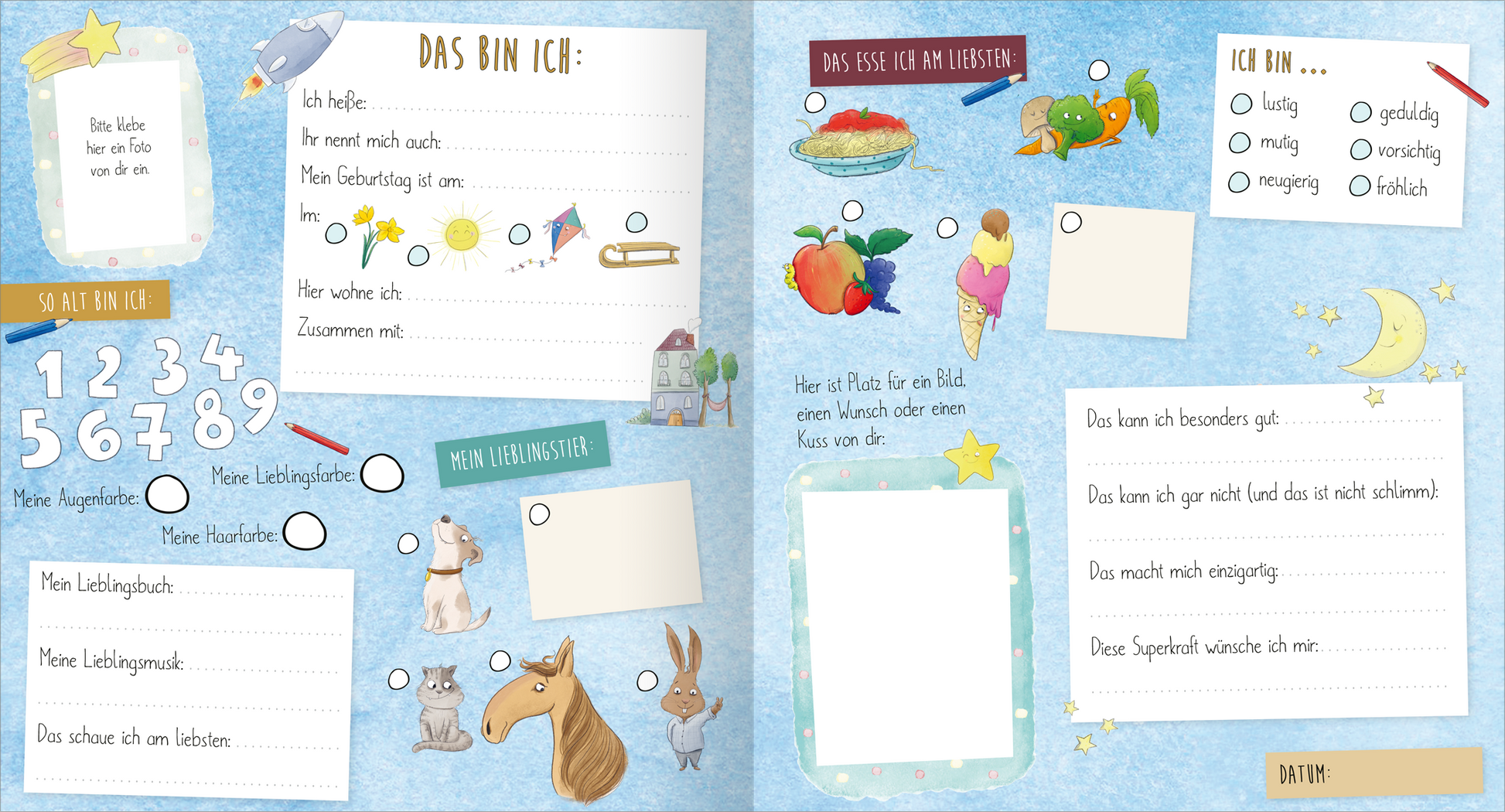 Gezeigt wird eine Innen- oder Zusatzansicht von „Meine Freunde“. Die Seite hat einen hellblauen Hintergrund mit liebevollen Illustrationen von Tieren und bunten Lebensmitteln. In verschiedenen Bereichen sind leere Felder für persönliche Informationen vorhanden, darunter Hobbys, Lieblingsessen und Eigenschaften. Die Schrift ist klar und gut lesbar, mit einer Mischung aus großen und kleinen Buchstaben. Verspielte Sterne und Wolken ergänzen das Design und verleihen der Seite eine...