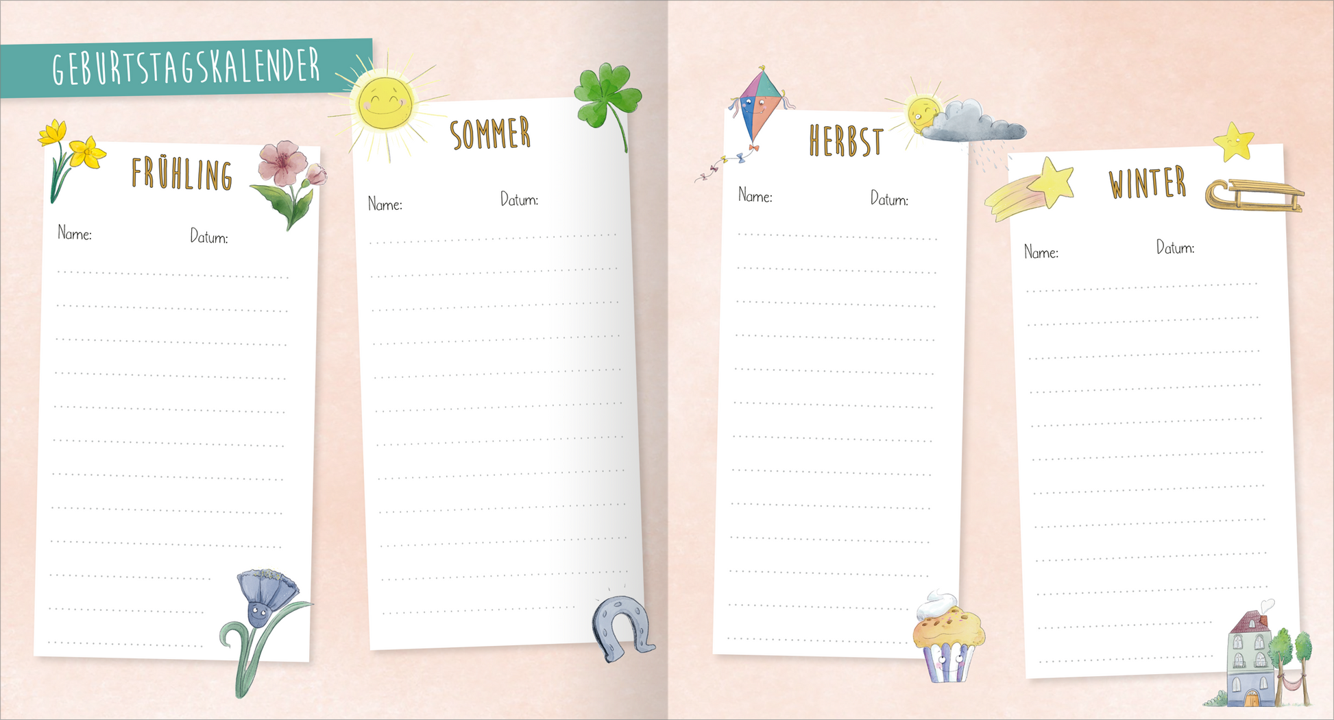 Gezeigt wird eine Innenansicht von „Meine Freunde“. Die Seite ist in vier Sektionen unterteilt, die den vier Jahreszeiten Frühling, Sommer, Herbst und Winter gewidmet sind. Jede Sektion enthält eine Überschrift in verspielter Schrift und Platz für Namen und Daten. Die Farbpalette ist weich mit Pastelltönen, während Illustrationen wie Blumen, Sonne, Drachen und Schneemann die Seiten dekorieren und eine freundliche, einladende Atmosphäre schaffen.