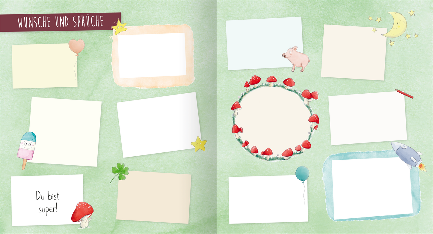Gezeigt wird eine Innen- oder Zusatzansicht von „Meine Freunde“. Die Seite ist in sanften Grüntönen gehalten und zeigt mehrere leere, unterschiedlich geformte Textfelder, die Platz für Wünsche und Sprüche bieten. Um die Felder herum sind bunte Illustrationen wie Herzen, Sterne, Luftballons und ein kleines Schweinchen angeordnet. Die Überschrift „Wünsche und Sprüche“ ist in einer verspielten Schriftart in Dunkelrot gehalten, während die rahmenlosen Textfelder in sanften...