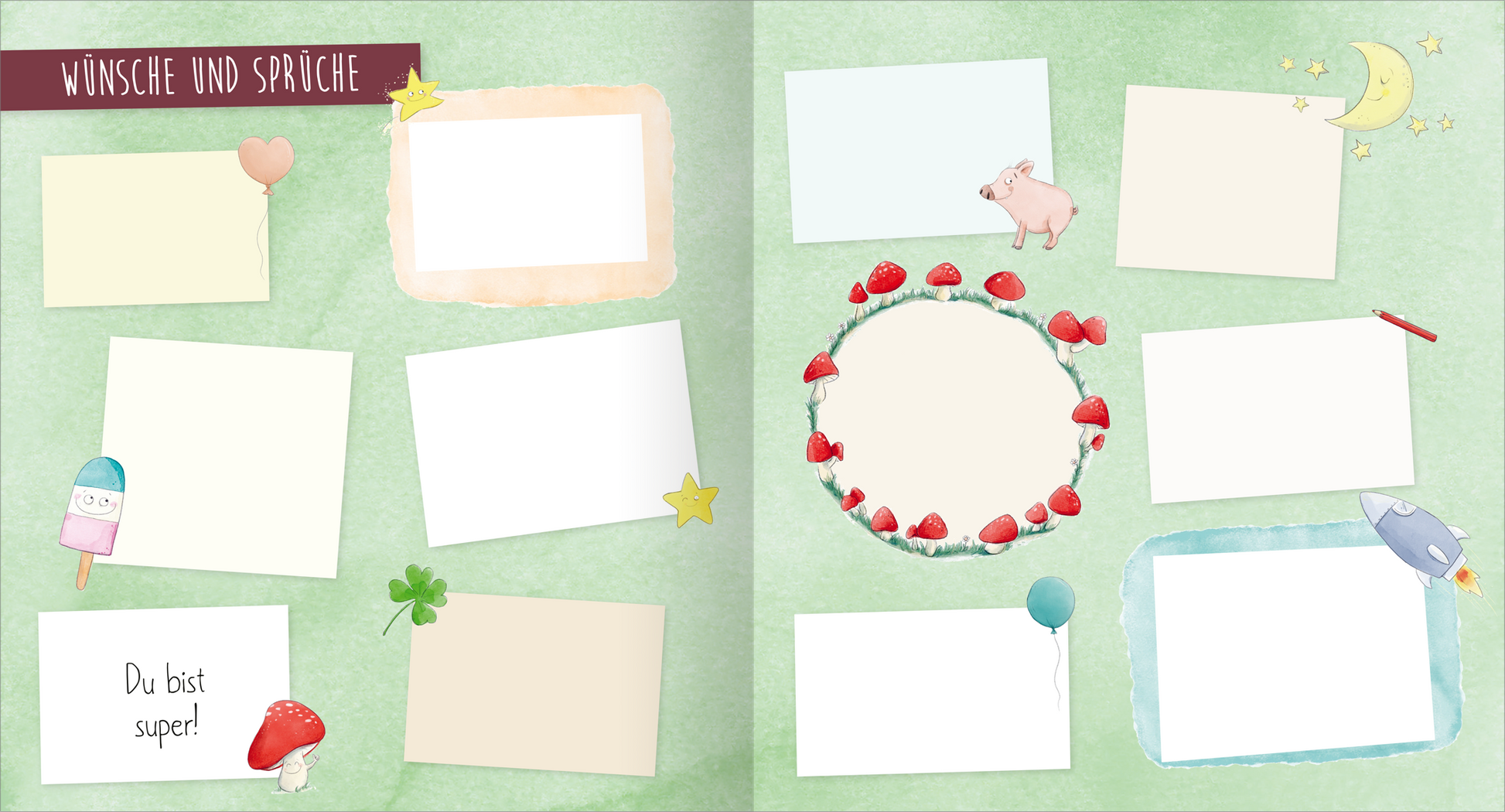 Gezeigt wird eine Innen- oder Zusatzansicht von „Meine Freunde“. Die Seite ist in sanften Grüntönen gehalten und zeigt mehrere leere, unterschiedlich geformte Textfelder, die Platz für Wünsche und Sprüche bieten. Um die Felder herum sind bunte Illustrationen wie Herzen, Sterne, Luftballons und ein kleines Schweinchen angeordnet. Die Überschrift „Wünsche und Sprüche“ ist in einer verspielten Schriftart in Dunkelrot gehalten, während die rahmenlosen Textfelder in sanften...
