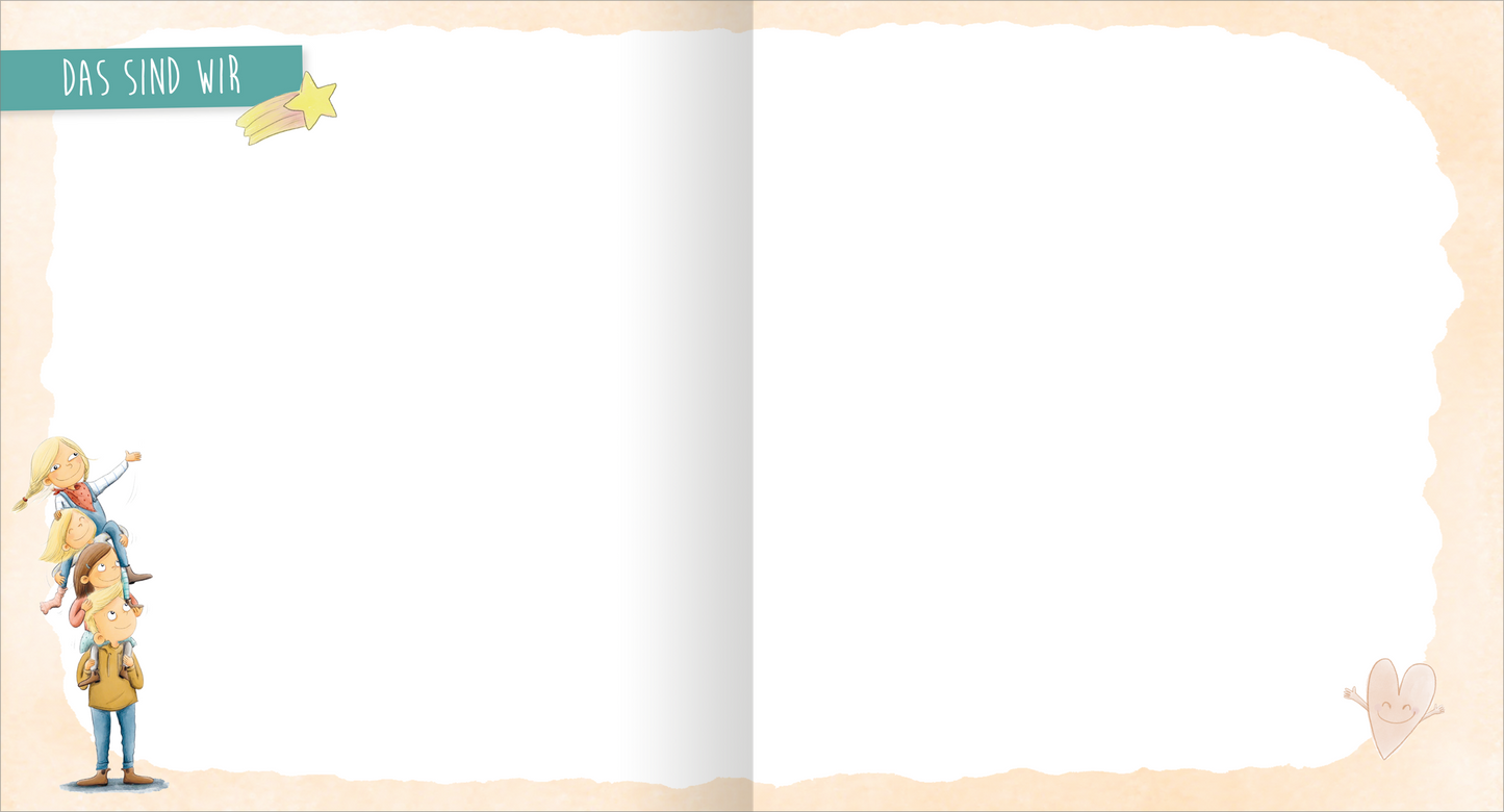 Gezeigt wird eine Innenansicht von „Meine Freunde“. Die Seite zeigt einen sanften, hellen Hintergrund mit einem leichten Cremefarben-Ton. Auf der linken Seite steht der Titel „DAS SIND WIR“ in großen, bunten Buchstaben, begleitet von einem gelben Stern. Links unten ist eine Illustration von drei Kindern, die aufeinander stehen. Die Typografie ist freundlich und verspielt, passend zum geselligen Thema des Buches. Rechts ist der Hintergrund leer, um Platz für persönliche Eintragungen...