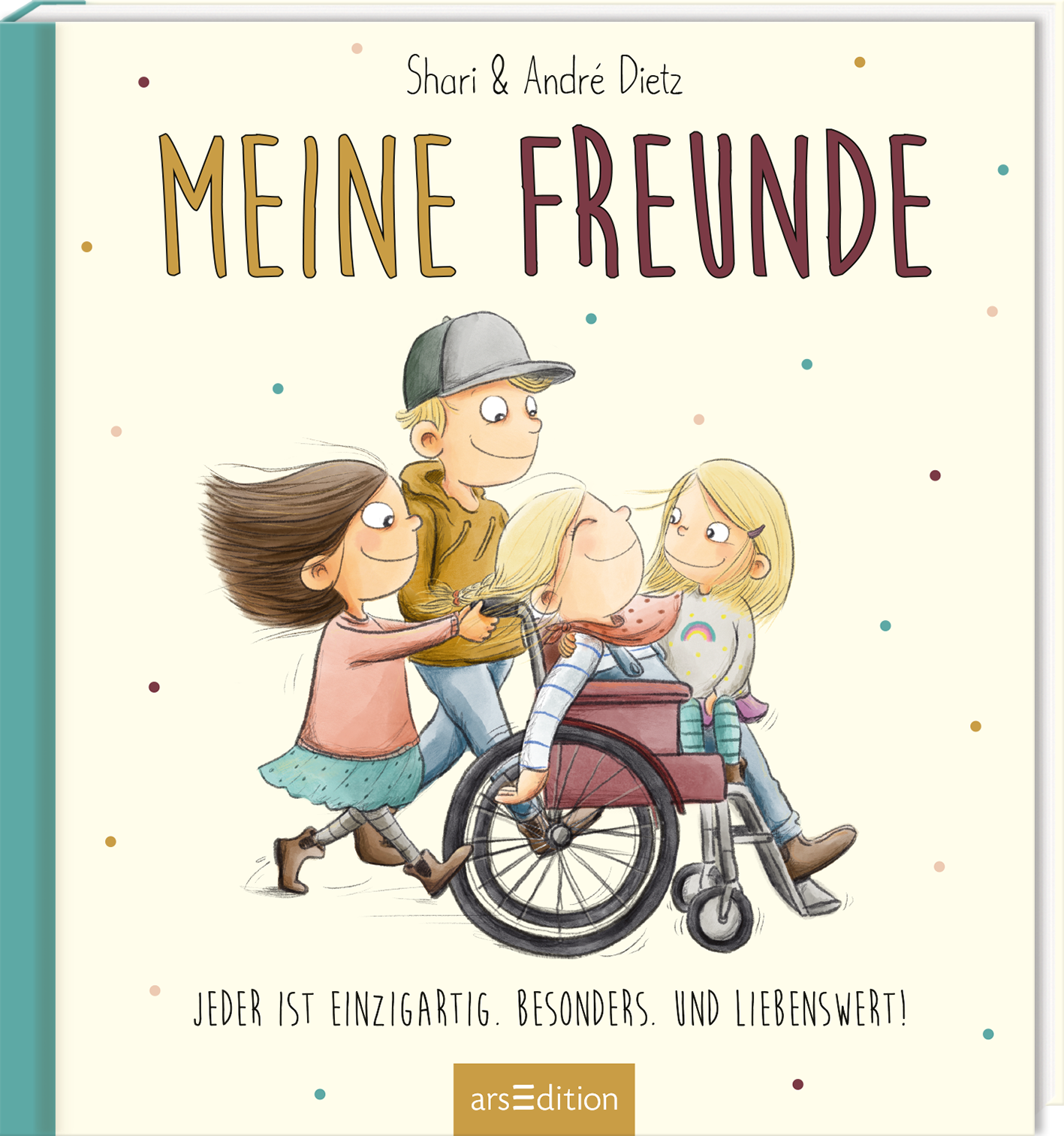 Das Buchcover zeigt eine fröhliche Gruppe von vier Kindern, darunter ein Mädchen im Rollstuhl, das von den anderen umgeben ist. Die Illustrationen sind in sanften Farben gehalten, mit bunten Punkten im Hintergrund, die eine lebhafte Atmosphäre schaffen. Der Titel „MEINE FREUNDE“ ist in großen, verspielten Buchstaben in rot und braun geschrieben. Am unteren Rand befindet sich der Text „Jeder ist einzigartig. Besonders. Und liebenswert!“ und ein SPIEGEL-Bestseller-Button. Ganz unten...