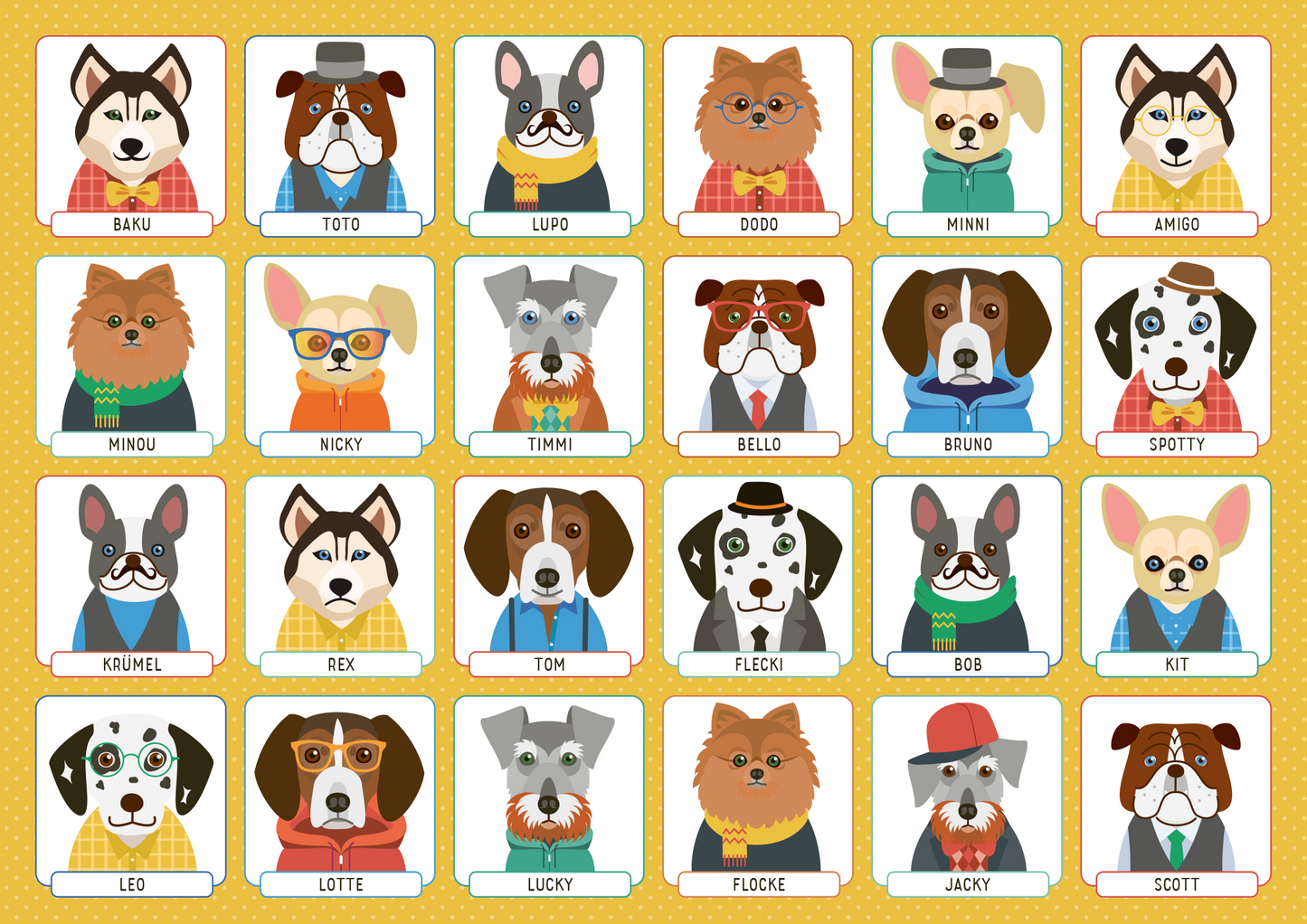 Gezeigt wird eine Innen- oder Zusatzansicht von „Wer bin ich?“. Die Ansicht zeigt verschiedene, stilisierte Hundeporträts, jedes in einem eigenen Rahmen. Die Farben sind hell und lebhaft, mit einem gelben Hintergrund und weißen Kartonrahmen. Die Hunde tragen unterschiedliche Accessoires wie Hüte und Brillen. Die Typografie ist klar und gut lesbar, mit Namen unter jedem Bild in einer verspielten Schrift. Die Gesamtanordnung ist symmetrisch, attraktiv und einladend.