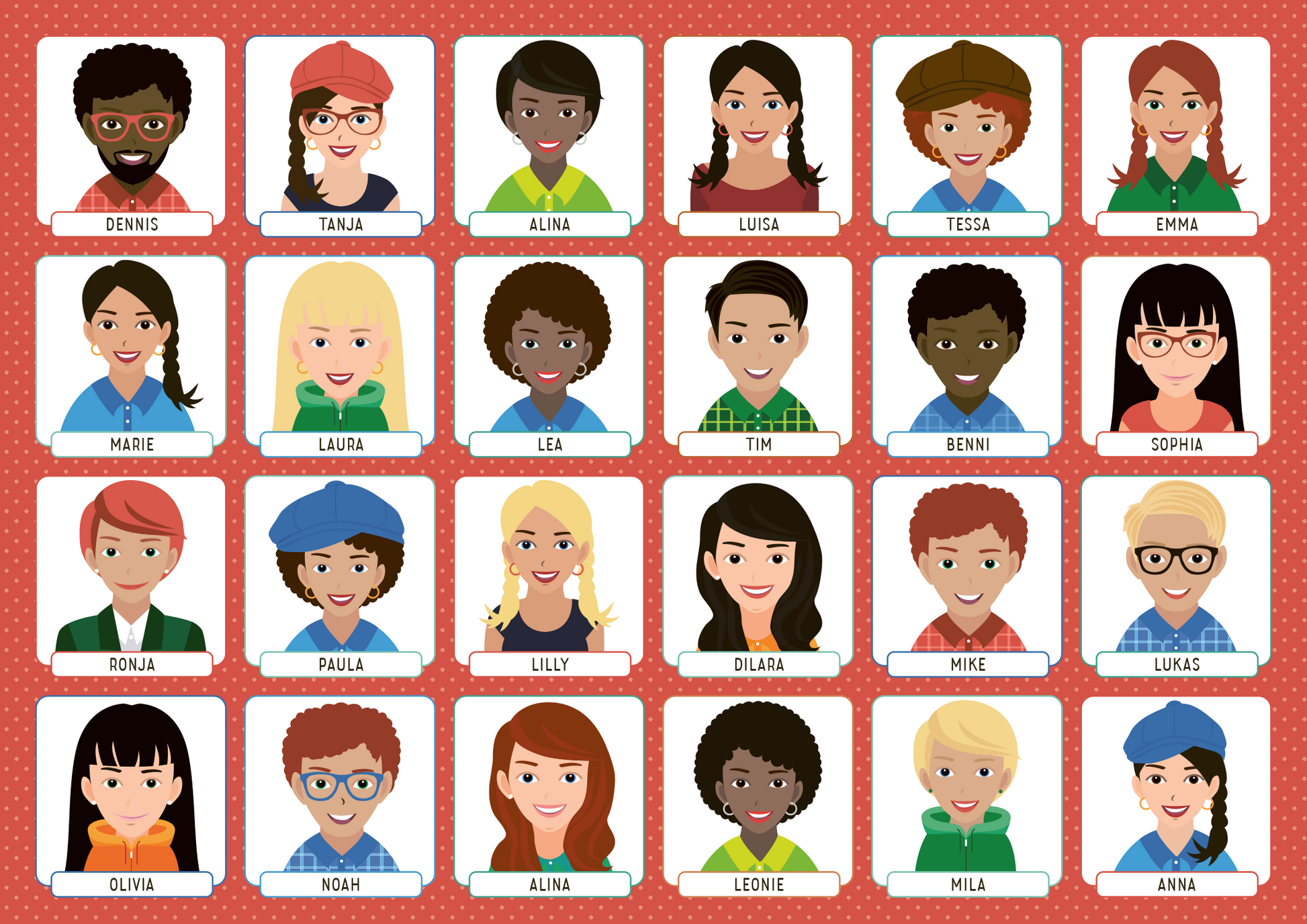 Gezeigt wird eine Innen- oder Zusatzansicht von „Wer bin ich?“. Die Ansicht zeigt ein Raster mit 24 Charakterporträts auf einem strukturierten, rot gepunkteten Hintergrund. Jedes Porträt hat einen weißen Rahmen, darunter steht der Name des Charakters. Die Porträts sind bunt gestaltet und zeigen verschiedene Charaktere mit unterschiedlichen Frisuren, Hauttönen und Gesichtsausdrücken. Die Typografie ist klar und gut lesbar, mit freundlicher, verspielter Schriftart.
