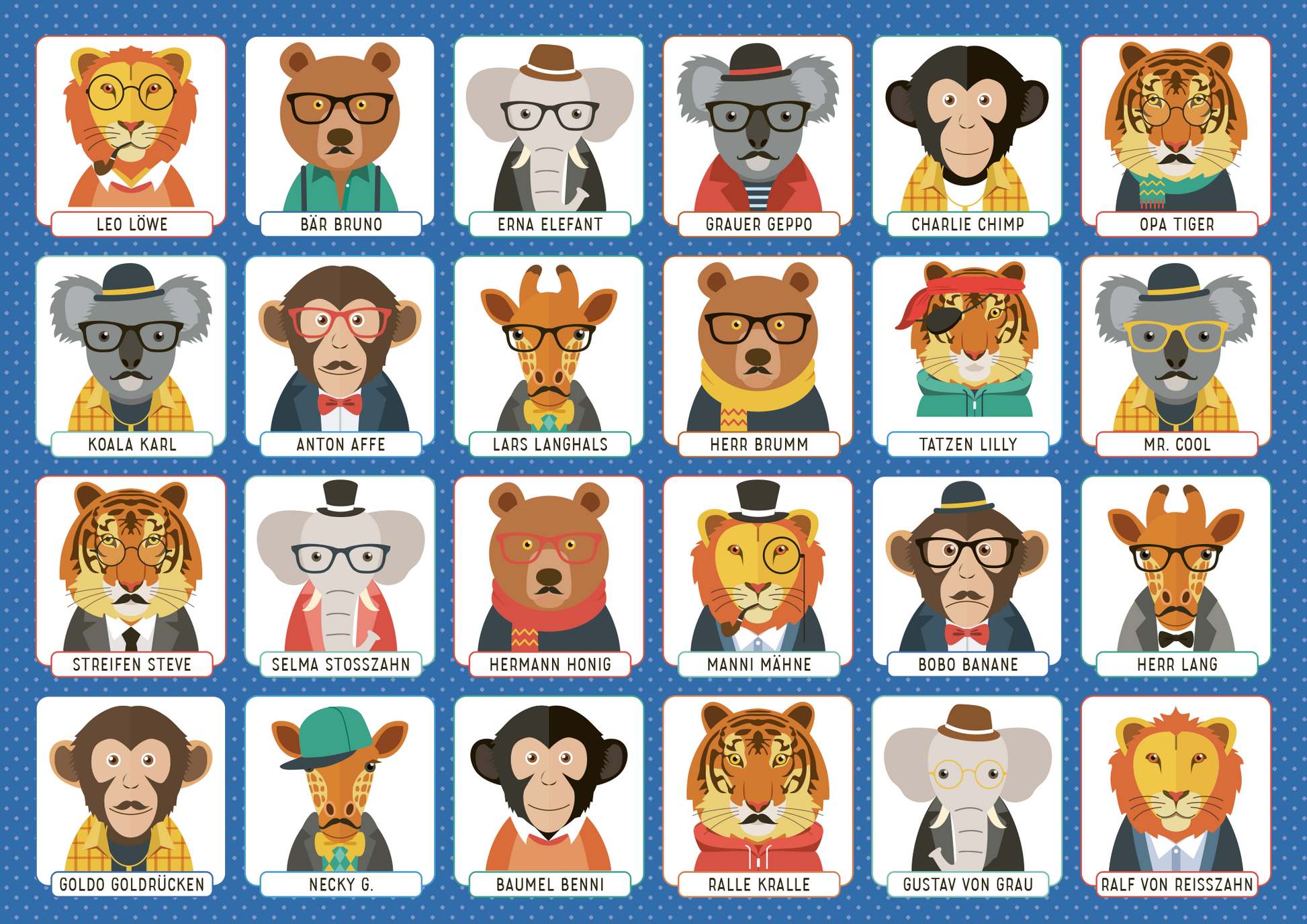 Gezeigt wird eine Innen- oder Zusatzansicht von „Wer bin ich?“. Die Illustration präsentiert ein farbenfrohes, spielerisches Design mit verschiedenen tierischen Charakteren, die in quadratischen Kästchen angeordnet sind. Die Figuren tragen Brillen und unterschiedliche Hüte, wodurch sie individuell wirken. Die Farbpalette umfasst Blau, Gelb, Braun und Grün, während die Typografie klar und modern ist. Jedes Kästchen zeigt den Namen des Charakters in auffälliger Schrift.