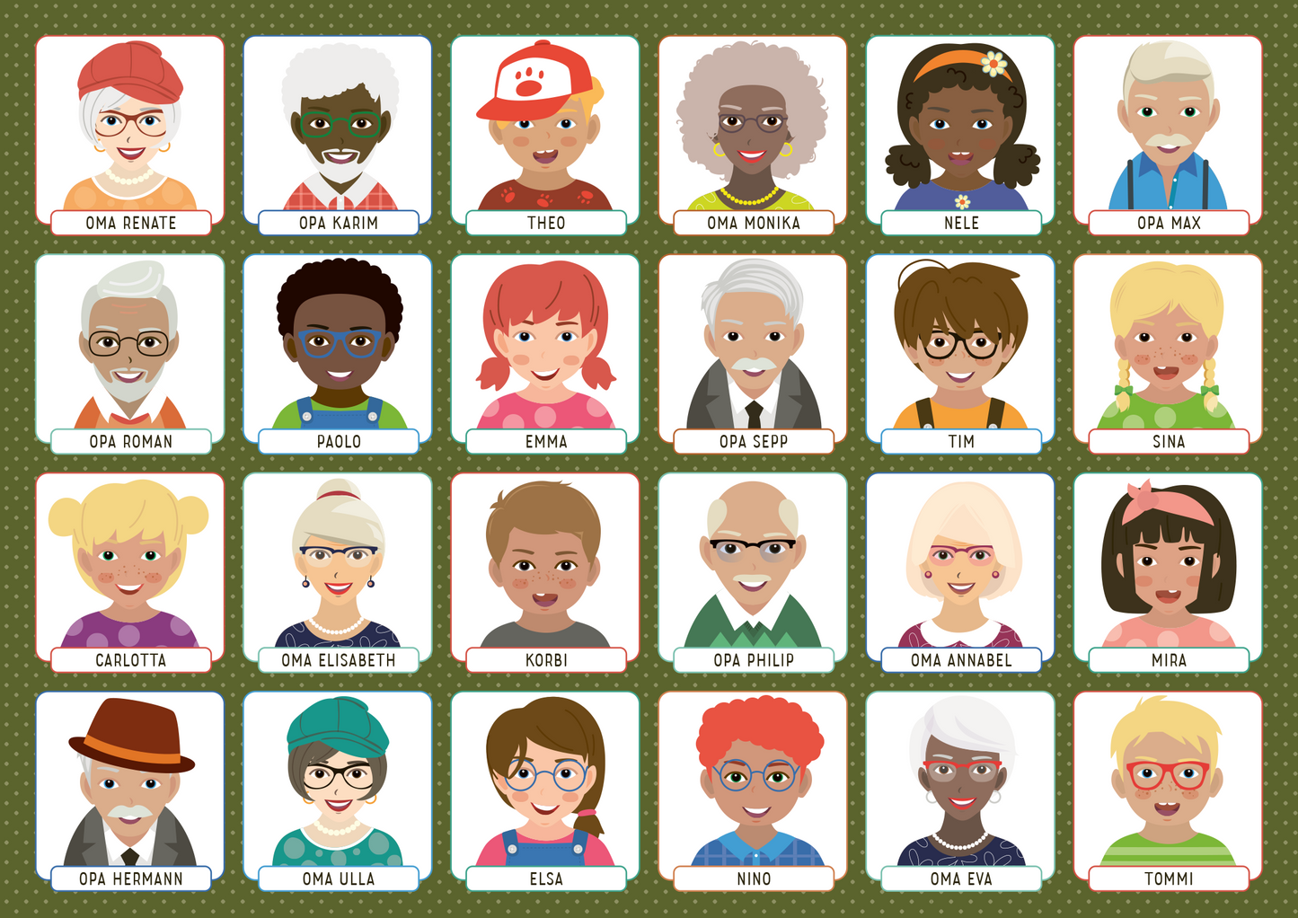 Gezeigt wird eine Innenansicht von „Wer bin ich?“. Die Darstellung umfasst ein Raster mit Porträts verschiedener Charaktere, darunter Großeltern und Kinder. Jedes Gesicht ist freundlich und bunt gestaltet, mit vielfältigen Frisuren und Hauttönen. Die Farbpalette reicht von sanften Pastelltönen bis zu lebhaftem Grün im Hintergrund. Die Typografie der Namen ist klar und gut lesbar, platziert in weißen Beschriftungsleisten unter den Bildern, die eine einladende Atmosphäre schaffen.