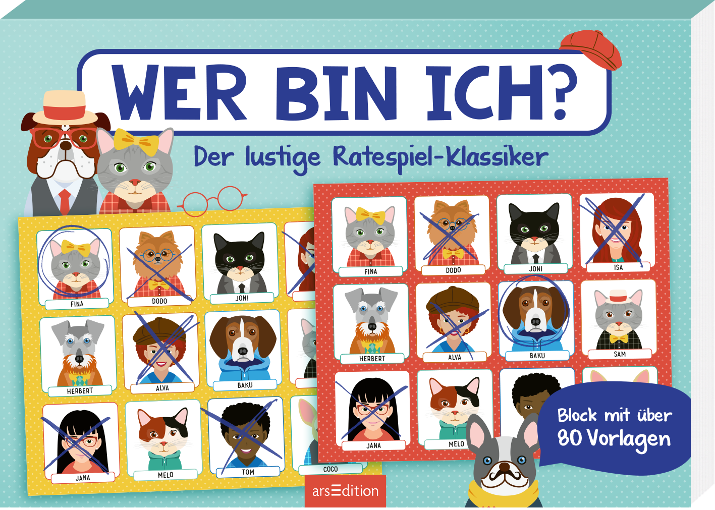 Das Buchcover zeigt eine fröhliche, bunte Illustration mit cartoonhaften Tieren, die verschiedene Hüte und Accessoires tragen. Die Hauptfarbe des Covers ist ein helles Blau, das die Atmosphäre heiter und einladend macht. Der Titel „WER BIN ICH?“ steht prominent in großen, verspielten Buchstaben in Blau, während der Untertitel „Der lustige Ratespiel-Klassiker“ in einer kleineren, roten Schrift darunter erscheint. Auf der rechten Seite des Covers sind Spielkarten mit Tieren...