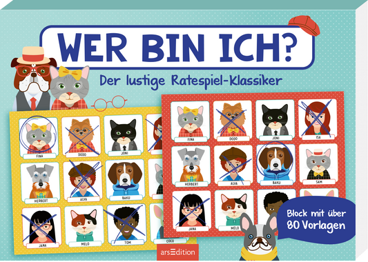 Das Buchcover zeigt eine fröhliche, bunte Illustration mit cartoonhaften Tieren, die verschiedene Hüte und Accessoires tragen. Die Hauptfarbe des Covers ist ein helles Blau, das die Atmosphäre heiter und einladend macht. Der Titel „WER BIN ICH?“ steht prominent in großen, verspielten Buchstaben in Blau, während der Untertitel „Der lustige Ratespiel-Klassiker“ in einer kleineren, roten Schrift darunter erscheint. Auf der rechten Seite des Covers sind Spielkarten mit Tieren...