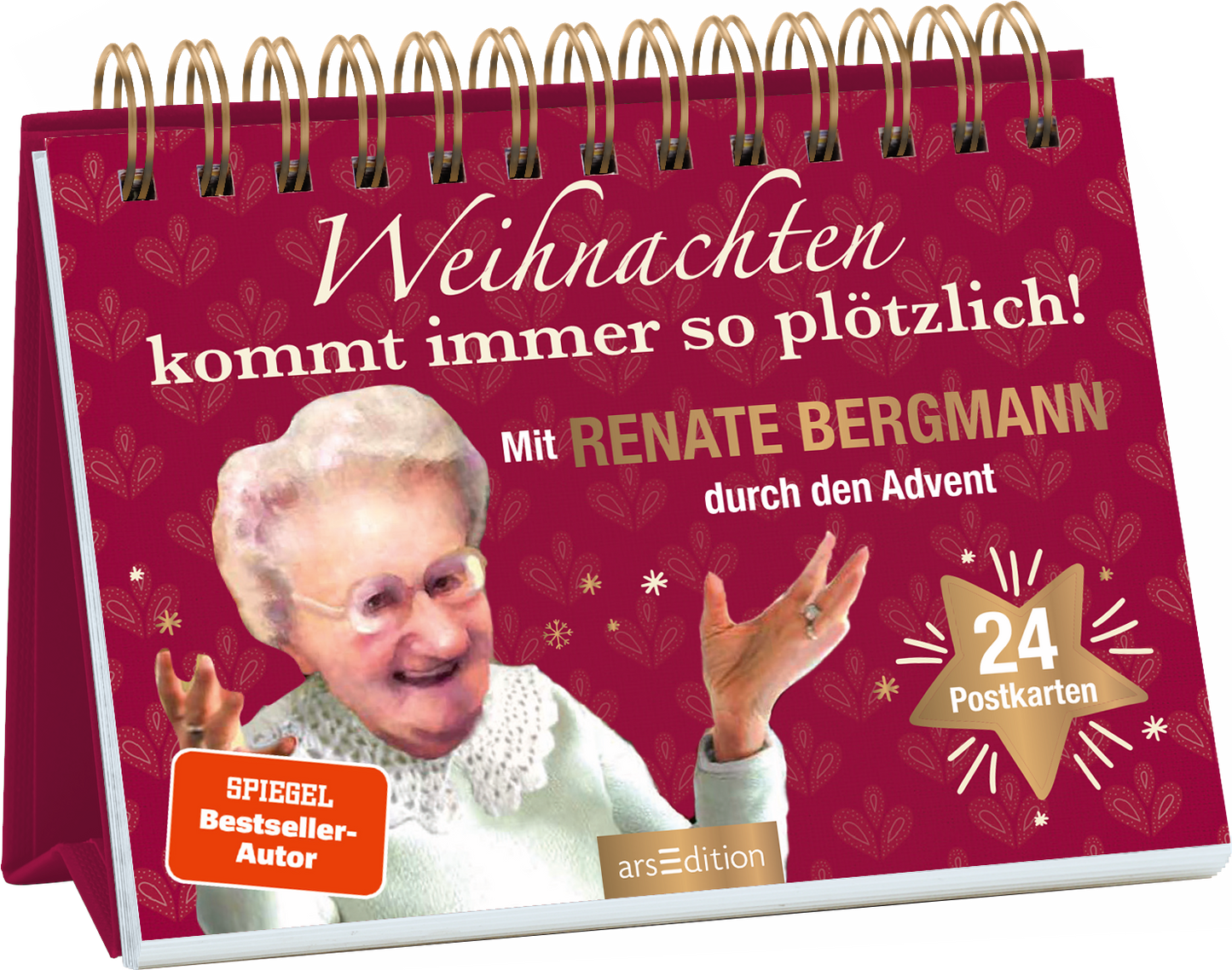 Das Buchcover zeigt einen roten Hintergrund, der mit festlichen Elementen geschmückt ist. Im Vordergrund ist ein fröhliches Porträt einer älteren Frau zu sehen, die enthusiastisch ihre Hände hebt. Oben steht in einer verspielten weißen Schrift „Weihnachten kommt immer so plötzlich!“. Darunter wird der Text „Mit RENATE BERGMANN durch den Advent“ in größerer, leicht auffälliger Schrift präsentiert. Ein orangefarbener Button mit dem Aufdruck „SPIEGEL Bestseller-Autor“ ist...