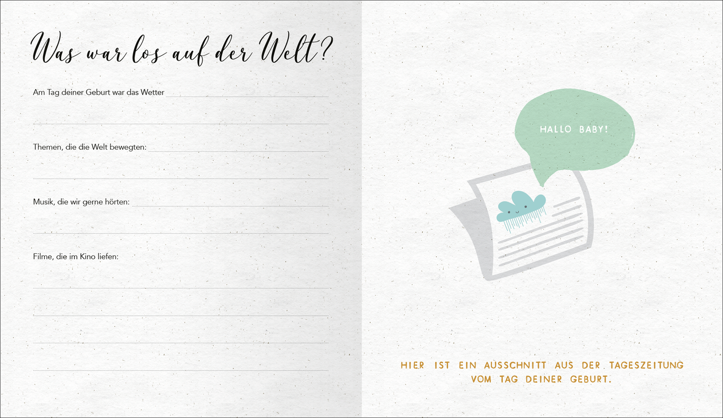 Gezeigt wird eine Innen- oder Zusatzansicht von „Babyalbum. My little love“. Die linke Seite enthält den handschriftlich gestalteten Titel „Was war los auf der Welt?“ in schwarzer, eleganter Schrift. Darunter befinden sich vier leere Linien für Notizen. Die rechte Seite zeigt eine Sprechblase in mintgrün mit dem Text „HALLO, BABY!“, sowie eine einfache, gezeichnete Zeitung mit einem Wolkenmotiv. Unterhalb steht in gelber Schrift: „HIER IST EIN AUSSCHNITT AUS DER TAGESSZEITUNG...