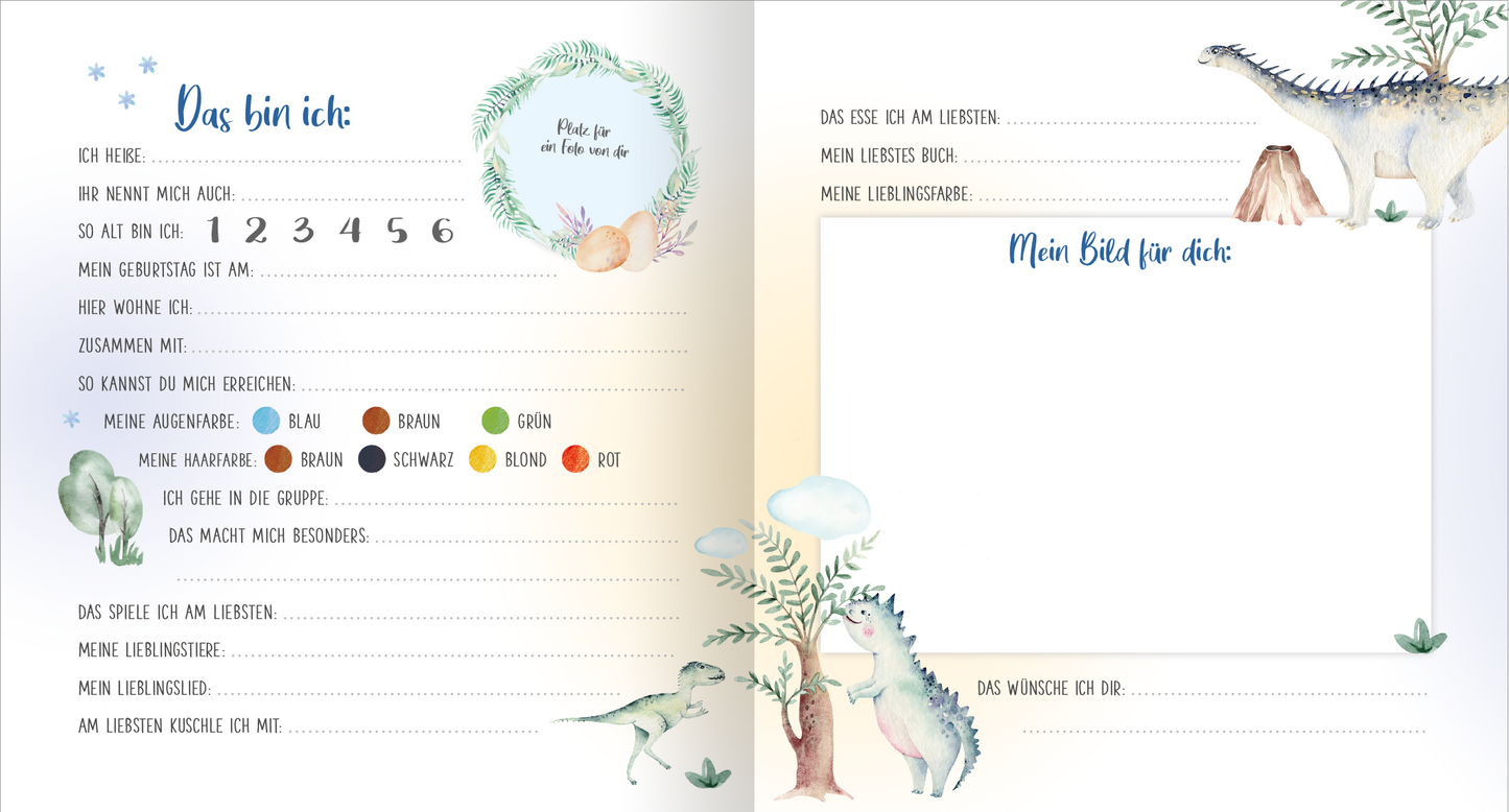 Gezeigt wird eine Innen- oder Zusatzansicht von „Meine ersten Freunde – Dinos (Aquarell-Optik)“. Die Seite zeigt eine sanfte Farbpalette mit Aquarelltönen in Blau, Grün und Beige. Links steht der Titel „Das bin ich“ in einer verspielten Schriftart, gefolgt von leeren Zeilen zur persönlichen Ausfüllung. Bunte, handgezeichnete Dinos und Pflanzen umrahmen die Textelemente. Auf der rechten Seite befinden sich weitere Felder, darunter „Mein Bild für dich“ in blauer Schrift,...