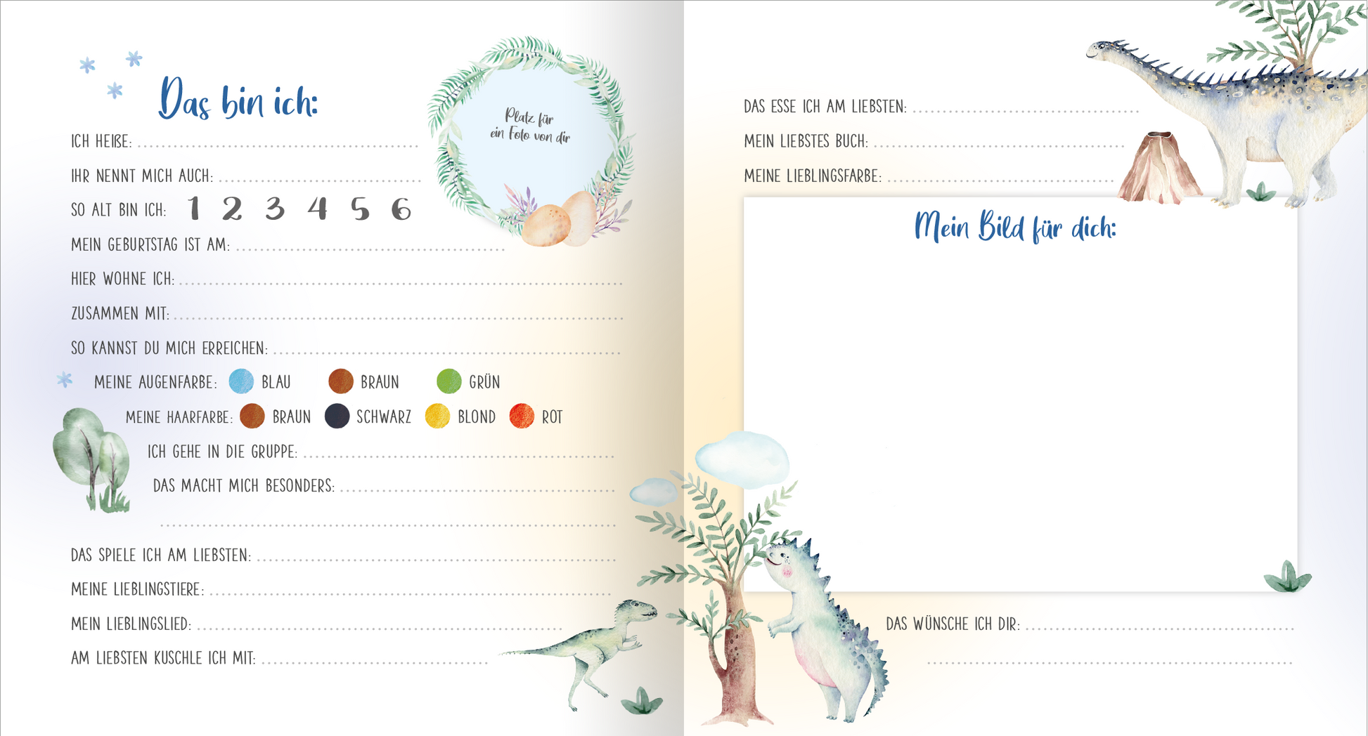 Gezeigt wird eine Innen- oder Zusatzansicht von „Meine ersten Freunde – Dinos (Aquarell-Optik)“. Die Seite zeigt eine sanfte Farbpalette mit Aquarelltönen in Blau, Grün und Beige. Links steht der Titel „Das bin ich“ in einer verspielten Schriftart, gefolgt von leeren Zeilen zur persönlichen Ausfüllung. Bunte, handgezeichnete Dinos und Pflanzen umrahmen die Textelemente. Auf der rechten Seite befinden sich weitere Felder, darunter „Mein Bild für dich“ in blauer Schrift,...