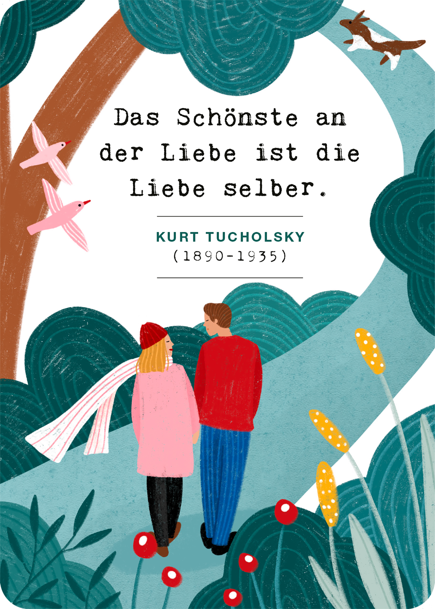 Gezeigt wird eine Innen- oder Zusatzansicht von „24 Flow-Momente für den Advent“. Das Bild zeigt ein stilisiertes Paar, das in einer bunten, beruhigenden Landschaft steht, umgeben von grünen Bäumen und bunten Blumen. Die Farben sind sanft und warm, mit dominierenden grünen und roten Tönen. In der Mitte ist ein Zitat von Kurt Tucholsky abgebildet, typografisch klar und gut lesbar, in einer eleganten Schriftart, die sowohl Freude als auch Nachdenklichkeit ausstrahlt.
