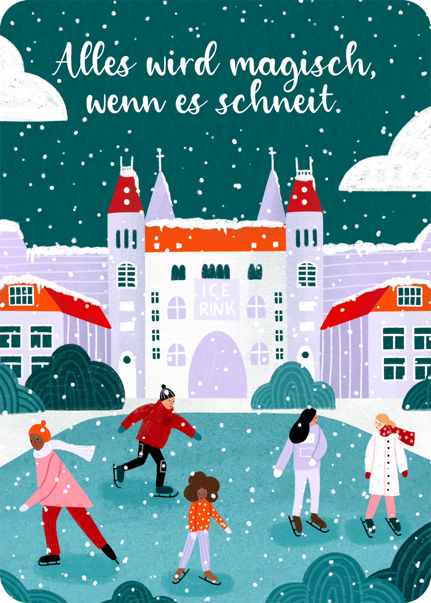 Gezeigt wird eine Innen- oder Zusatzansicht von „24 Flow-Momente für den Advent“. Die Illustration zeigt eine winterliche Szene mit einem historischen Gebäude im Hintergrund, dessen türmchenartige Dächer rot und weiß geschmückt sind. Im Vordergrund gleiten mehrere Figuren auf Schlittschuhen über eine Eisfläche. Der Hintergrund ist in sanften Grüntönen gehalten, während der Himmel mit Schneeflocken verziert ist. Der Schriftzug „Alles wird magisch, wenn es schneit.“ ist in...