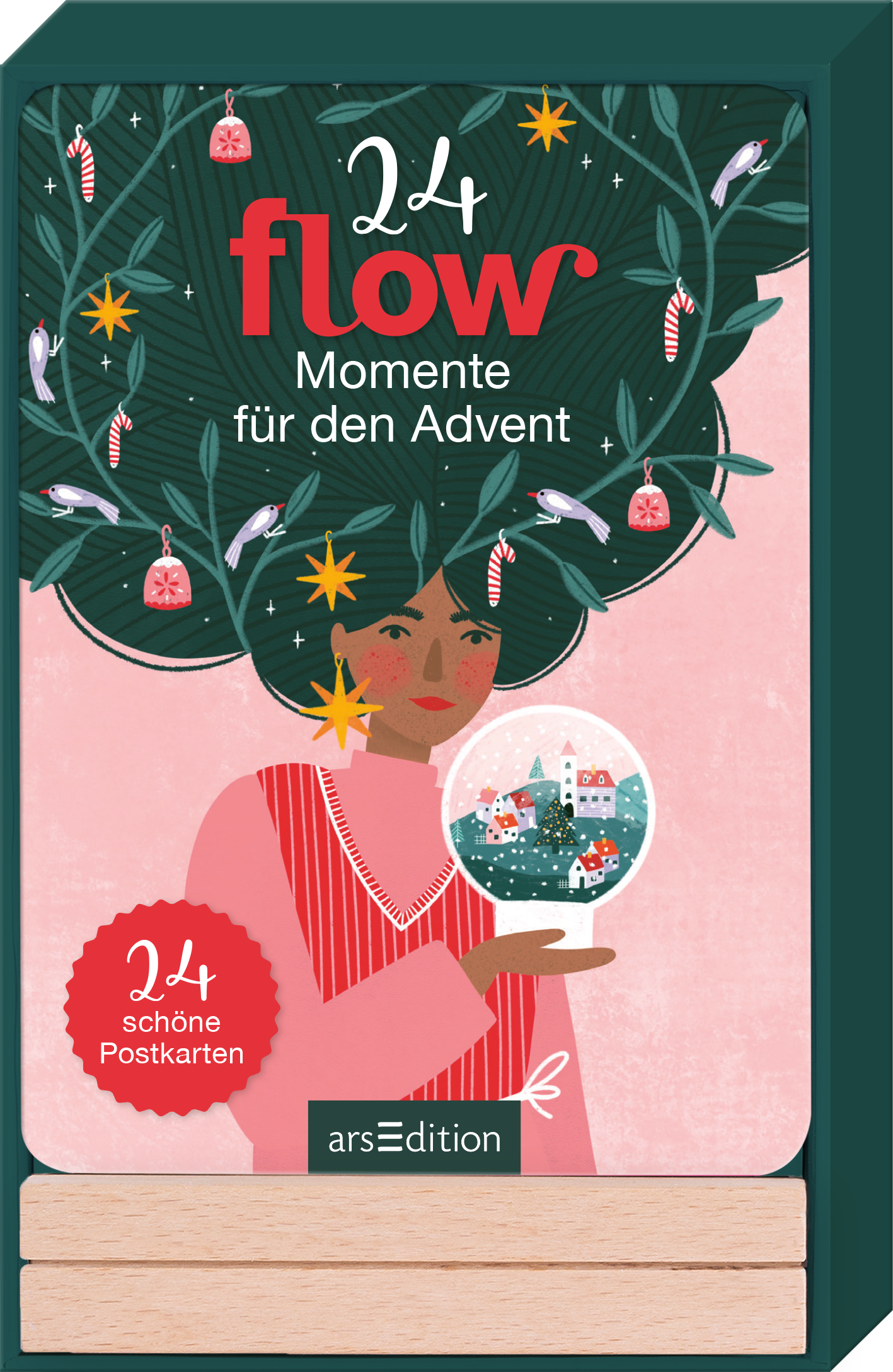 Das Buchcover zeigt eine stilisierte Frau mit üppigem, grünem Haar, das mit Adventsdekorationen, wie Zuckerstangen und Sternen, geschmückt ist. Sie hält eine Schneekugel, in der ein winterliches Dorf abgebildet ist. Die Farben sind überwiegend in sanften Rosa- und Grüntönen gehalten. Die Titelinschrift „24 flow“ ist in auffälligem Rot gehalten, während der Untertitel „Momente für den Advent“ in einem schlichteren Schriftstil erscheint. Ein roter Button trägt die Aufschrift...