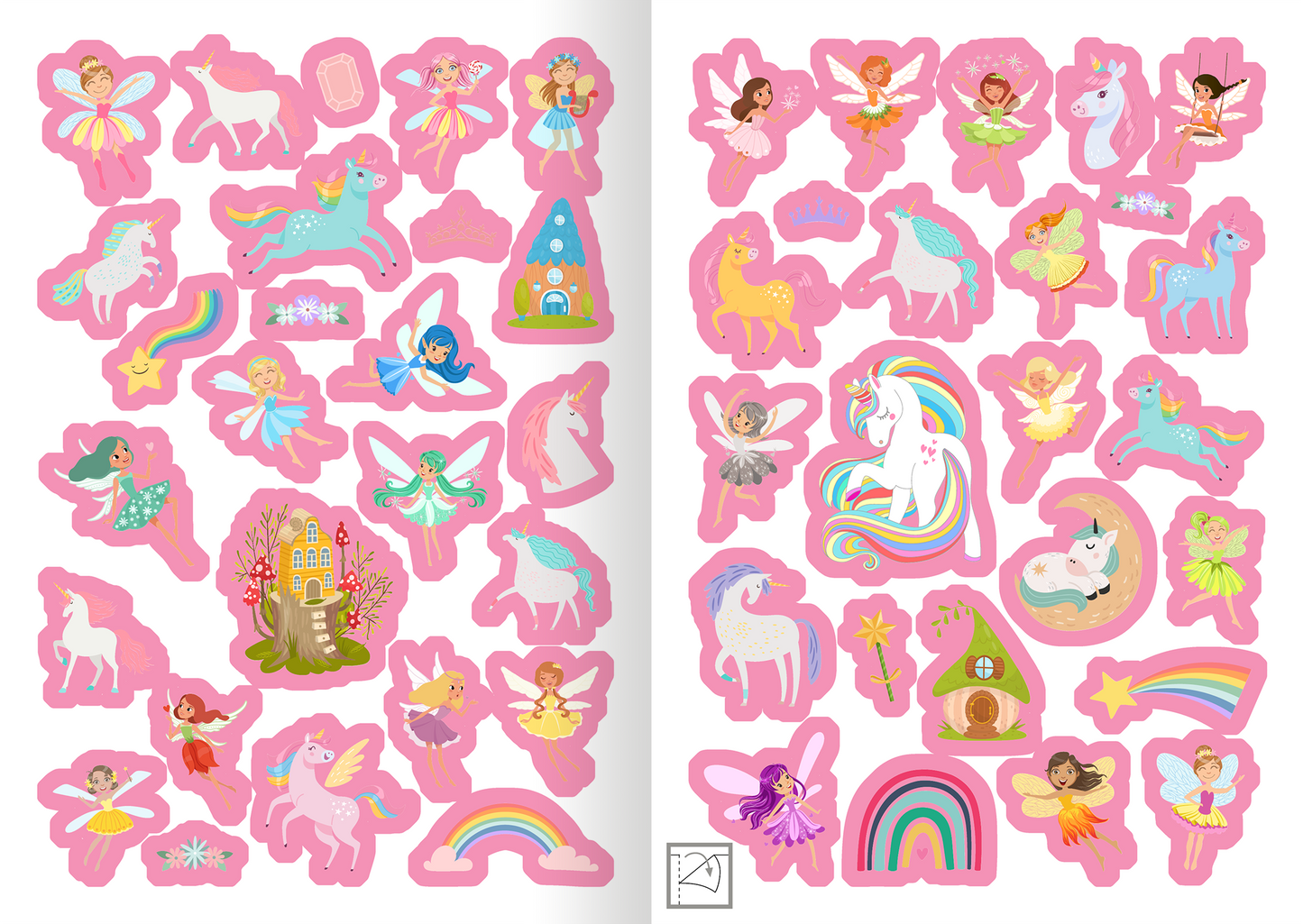 Gezeigt wird eine Innen- oder Zusatzansicht von „Metallic-Sticker – Feen und Einhörner“. Die Ansicht umfasst eine Vielzahl farbenfroher Aufkleber auf einem pinken Hintergrund. Zu sehen sind elegante Feen in verschiedenen Posen, prächtige Einhörner und magische Elemente wie Regenbögen und Schlösser. Die Typografie ist verspielt und kindgerecht, ergänzt von glitzernden Metallic-Details, die die Fantasie anregen und eine märchenhafte Atmosphäre schaffen.