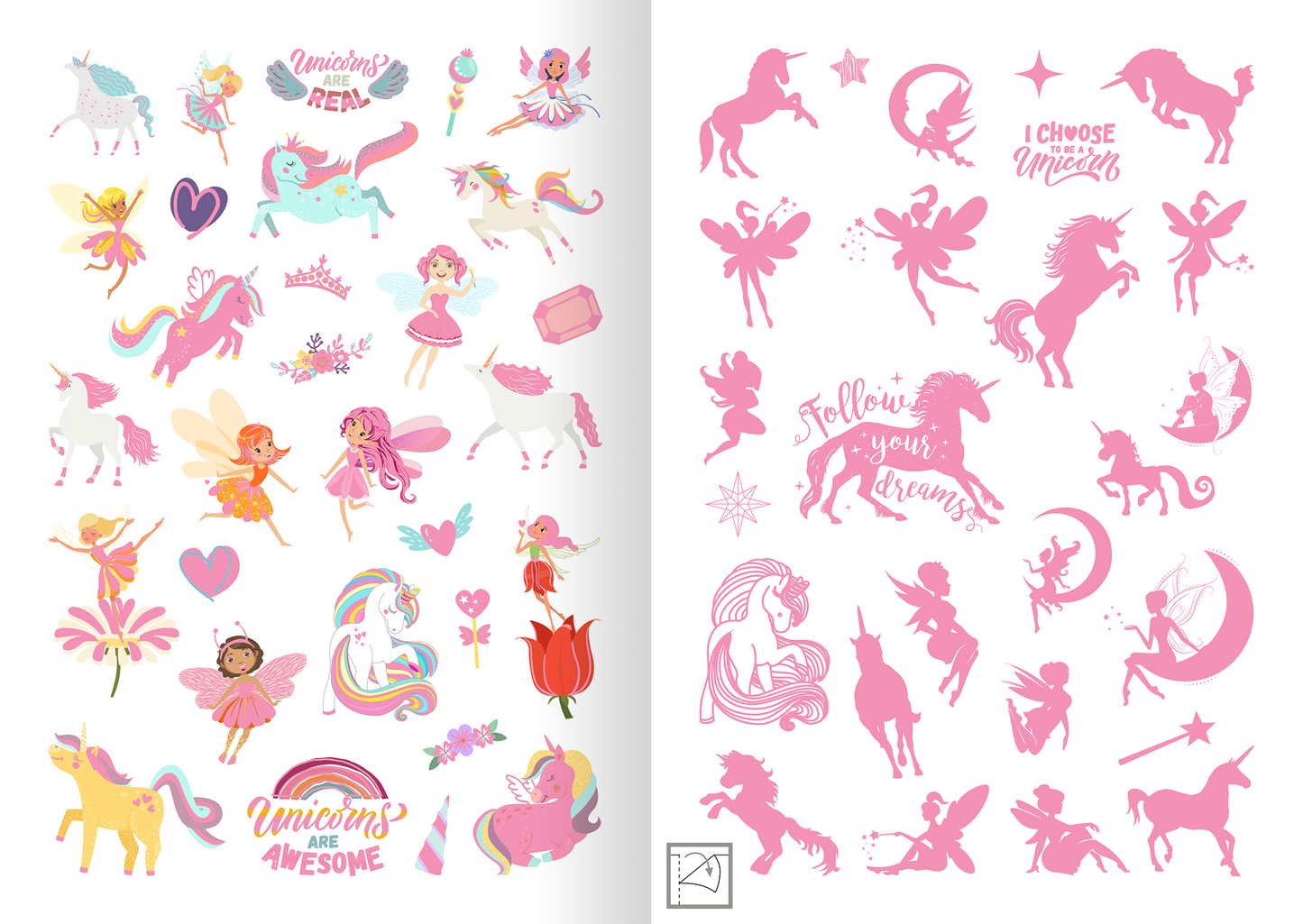 Gezeigt wird eine Innen- oder Zusatzansicht von „Metallic-Sticker – Feen und Einhörner“. Die Seite enthält eine Vielzahl von bunten, märchenhaften Motiven, darunter Einhörner, Feen und Herzen. Die Farben sind vorwiegend in zarten Rosa- und Pastelltönen gehalten, die für eine verspielte Atmosphäre sorgen. Zudem sind einige Textsprüche in geschwungener Typografie platziert, die ermutigende Botschaften vermitteln, wie „Follow your dreams“ und „Unicorns are awesome“.