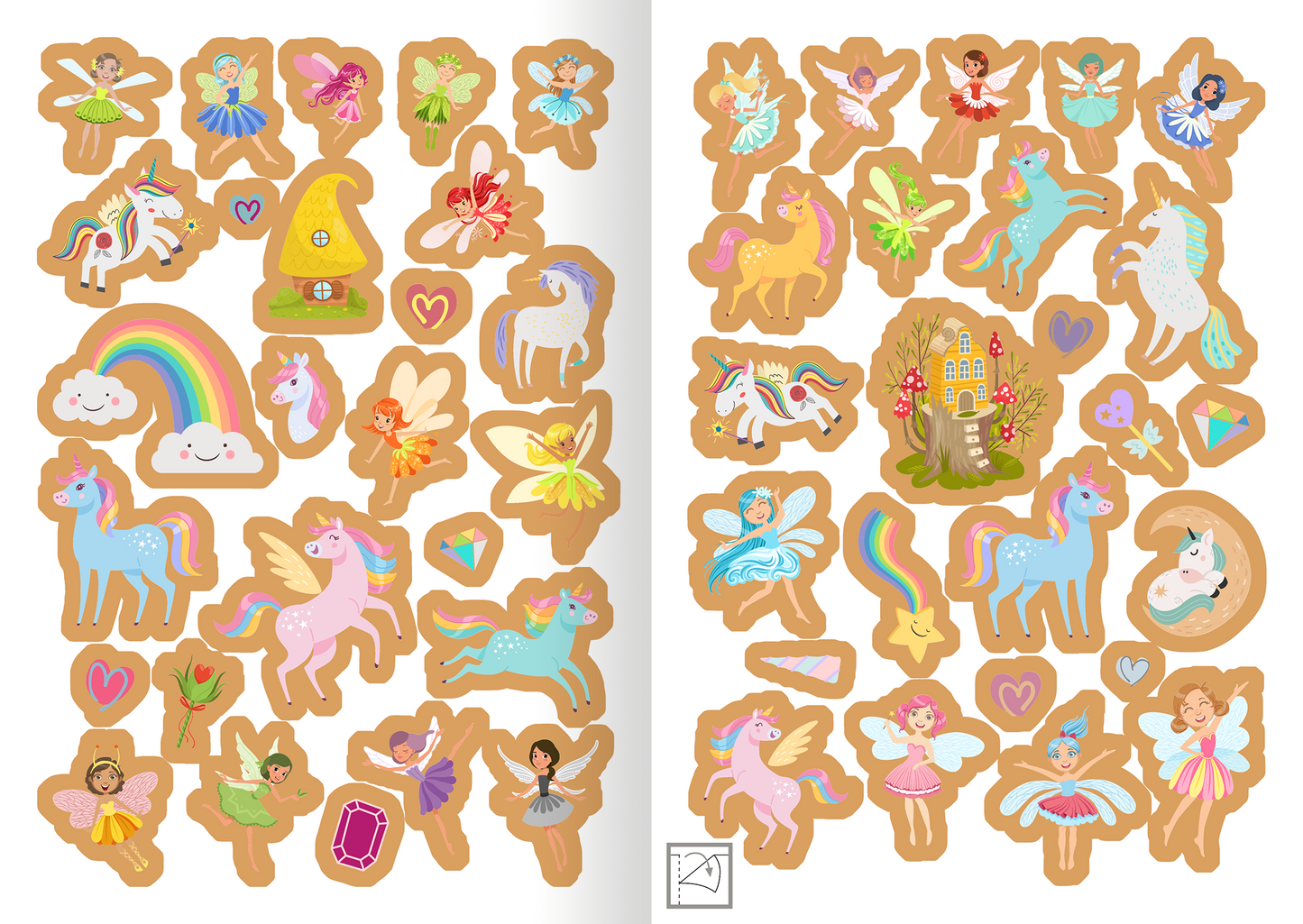 Gezeigt wird eine Innen- oder Zusatzansicht von „Metallic-Sticker – Feen und Einhörner“. Die Ansicht zeigt eine Vielzahl von bunten, kindgerechten Stickern. Zu sehen sind fliegende Feen in Pastellfarben, glitzernde Einhörner, Regenbögen sowie verspielte Wolken. Die Sticker sind auf einer hellbraunen, leicht strukturierten Unterlage angeordnet. Die gewählten Farben sind überwiegend sanft und lebhaft, wobei Pink, Hellblau und Gelb dominieren. Verschiedene Formen und fröhliche Motive...