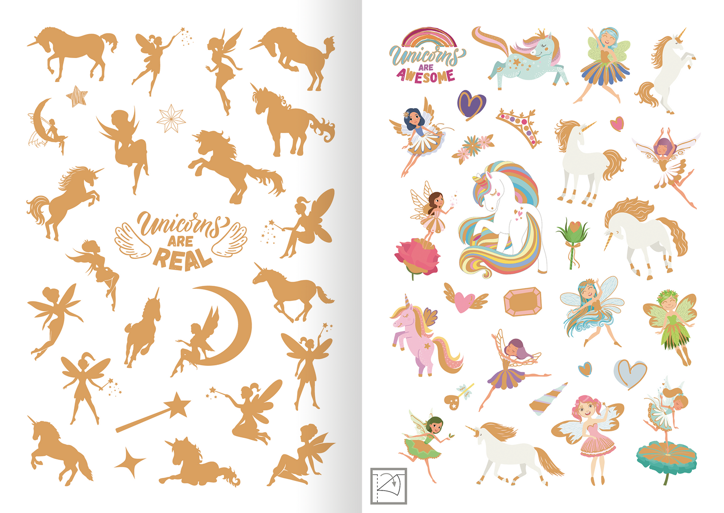 Gezeigt wird eine Innen- oder Zusatzansicht von „Metallic-Sticker – Feen und Einhörner“. Die Ansicht zeigt eine Vielzahl von glitzernden Illustrationen in Pastell- und Goldtönen. Links befinden sich einhornartige Figuren, Feen und Sterne, begleitet von dem Spruch „Unicorns ARE REAL“. Rechts sind bunte Einhörner, Feen und Blumen abgebildet, angereichert mit dem Schriftzug „Unicorns are AWESOME“. Die verspielte Typografie und die lebendigen Farben vermitteln eine märchenhafte...