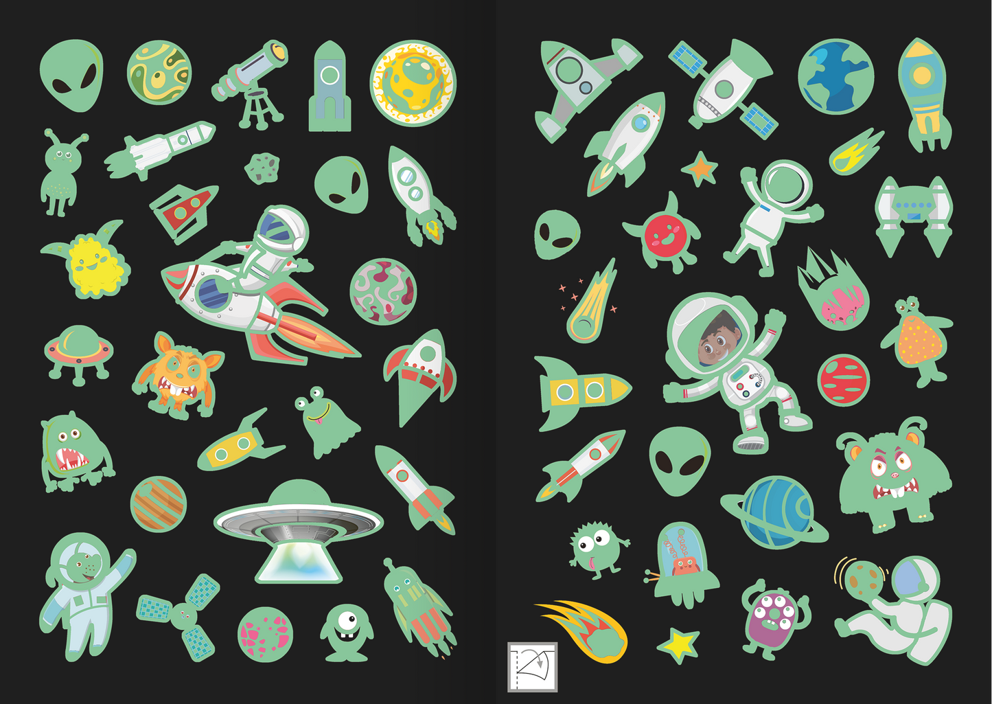 Gezeigt wird eine Innen- oder Zusatzansicht von „Leucht-Sticker – Weltall“. Die Ansicht zeigt zahlreiche bunte, fantasievolle Leucht-Sticker mit Weltraum-Motiven. Darunter sind Raketen, Astronauten, Planeten, Aliens und Teleskope. Die Farben sind lebhaft, hauptsächlich in Grün, Blau, Rot und Gelb gehalten. Die Typografie ist verspielt und warm, passend zum kinderfreundlichen Design. Der Hintergrund ist schwarz, was die leuchtenden Farben deutlich hervorhebt.