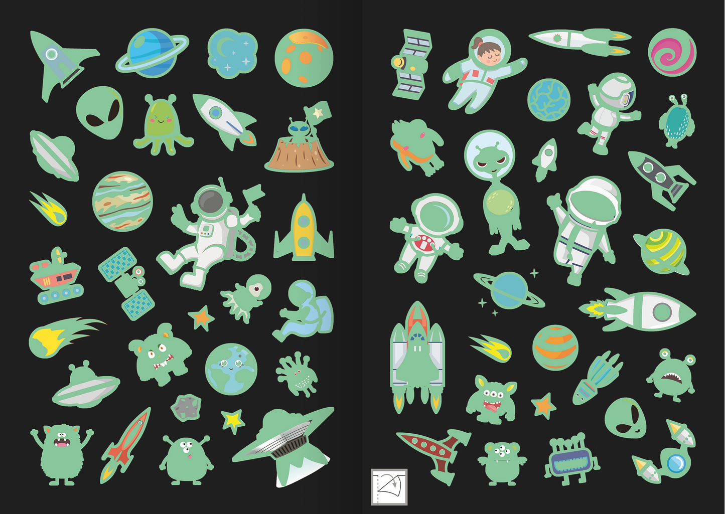 Gezeigt wird eine Innen- oder Zusatzansicht von „Leucht-Sticker – Weltall“. Die Darstellung umfasst zahlreiche bunte, kindgerechte Motive aus dem Weltraum. Zu sehen sind Astronauten, Planeten, Flugzeuge und fantasievolle Aliens in sanften Farben wie Mintgrün, Blau und Gelb. Der Hintergrund ist dunkel, was die leuchtenden Elemente hervorhebt. Die Typografie ist verspielt und passt zum Thema. Eine abwechslungsreiche Anordnung der Motive sorgt für visuelle Dynamik.