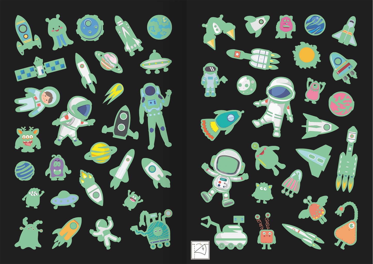 Gezeigt wird eine Innen- oder Zusatzansicht von „Leucht-Sticker – Weltall“. Die Darstellung umfasst eine Vielzahl von bunten Stickern, darunter Raketen, Planeten und freundliche Aliens, alle vor einem schwarzen Hintergrund. Die Farben sind lebhaft und variieren von leuchtendem Grün und Blau bis zu sanften Pastelltönen. Die Typografie ist verspielt und kindgerecht, unterstützt durch die verschnörkelten Designs der Figuren.