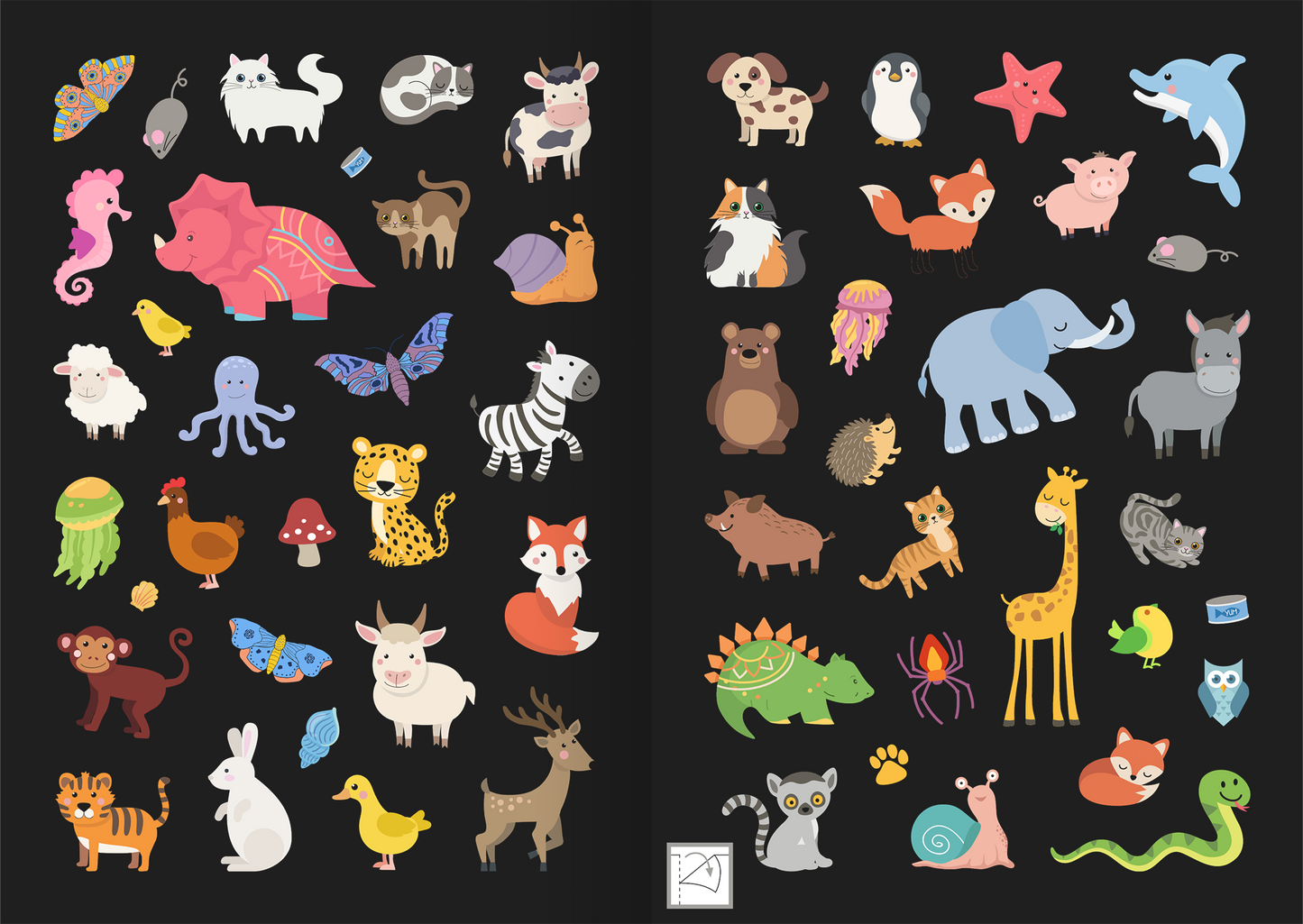 Gezeigt wird eine Innen- oder Zusatzansicht von „Leucht-Sticker – Tiere“. Die Abbildung zeigt eine Vielzahl von bunten Tiermotiven auf schwarzem Hintergrund. Zentrale Elemente sind verspielte Darstellungen von Tieren wie einem pinken Elefanten, einer gelben Giraffe und einem blauen Delphin. Die Farben sind lebhaft und variieren von Pastelltönen bis zu kräftigen Nuancen. Die Typografie ist nicht vorhanden, der Fokus liegt auf den illustrativen Tierdarstellungen.